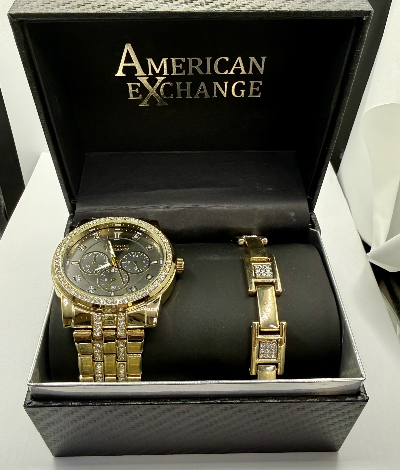 American exchange watch and bracelet yellow gold tone crystal bezel new in box