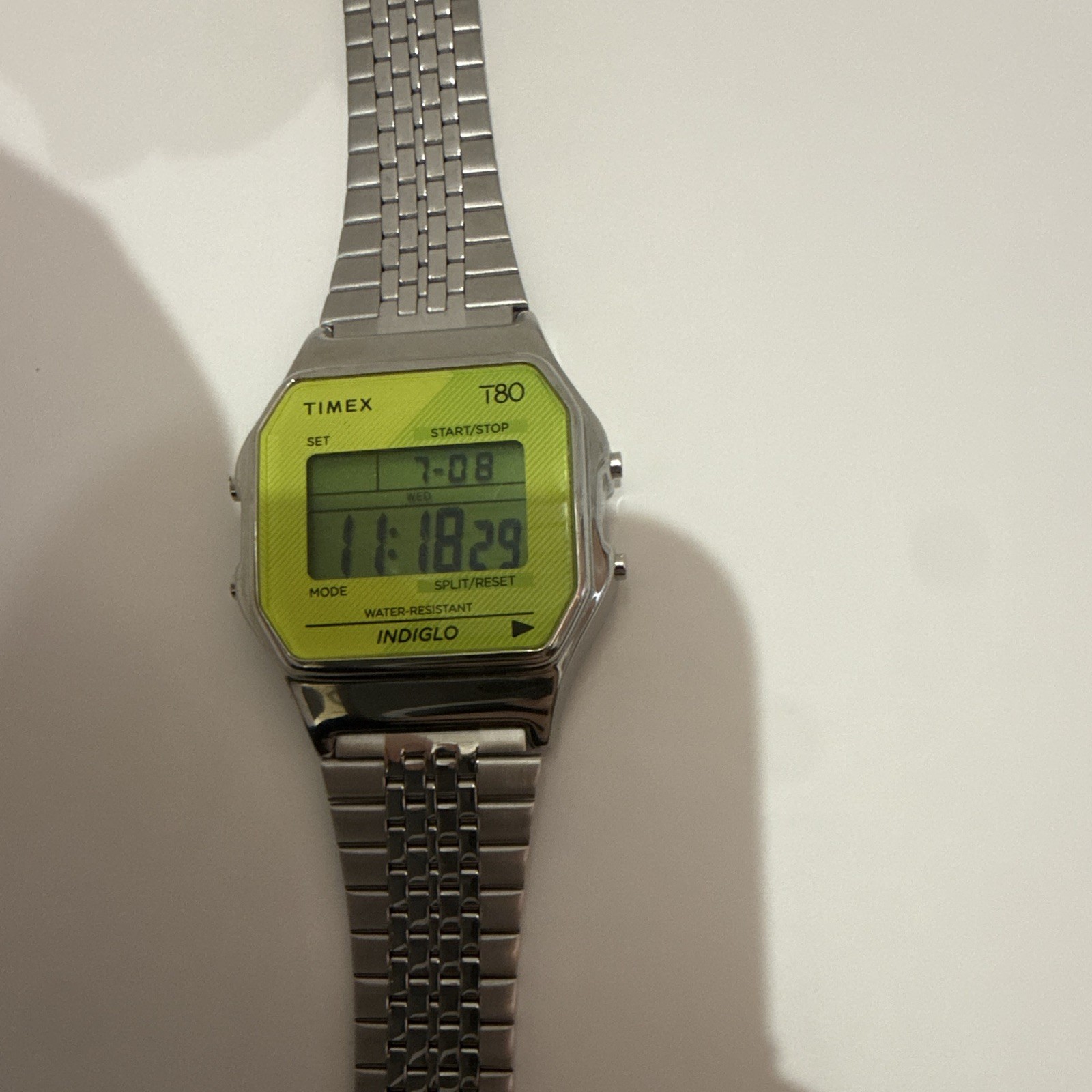 Timex T80 Digital Indiglo Green Dial Stainless Steel Bracelet 30m WR