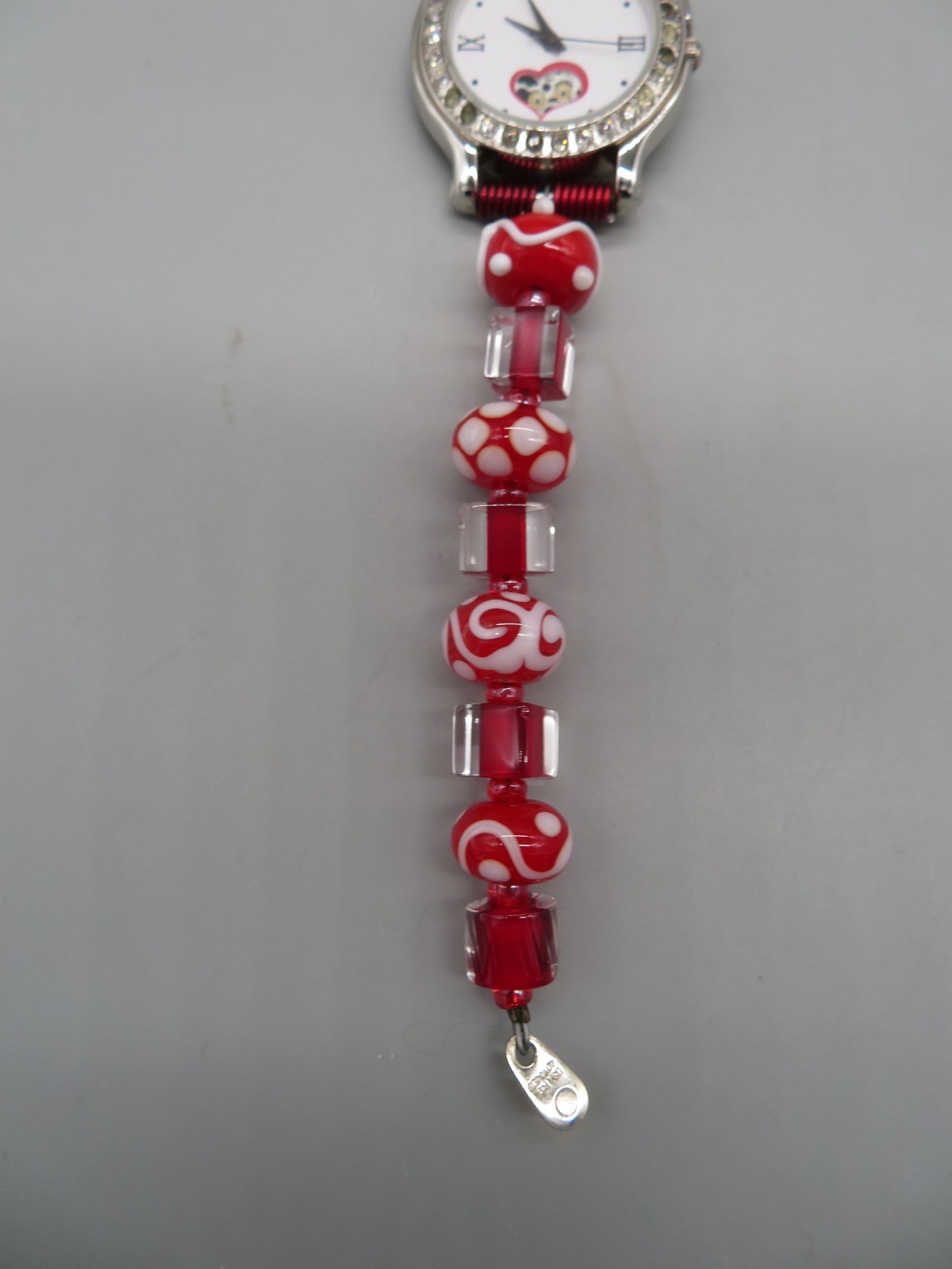 Unusual Gossip Watch Red, White & Clear Beaded Band Gemstone Bezel New Battery