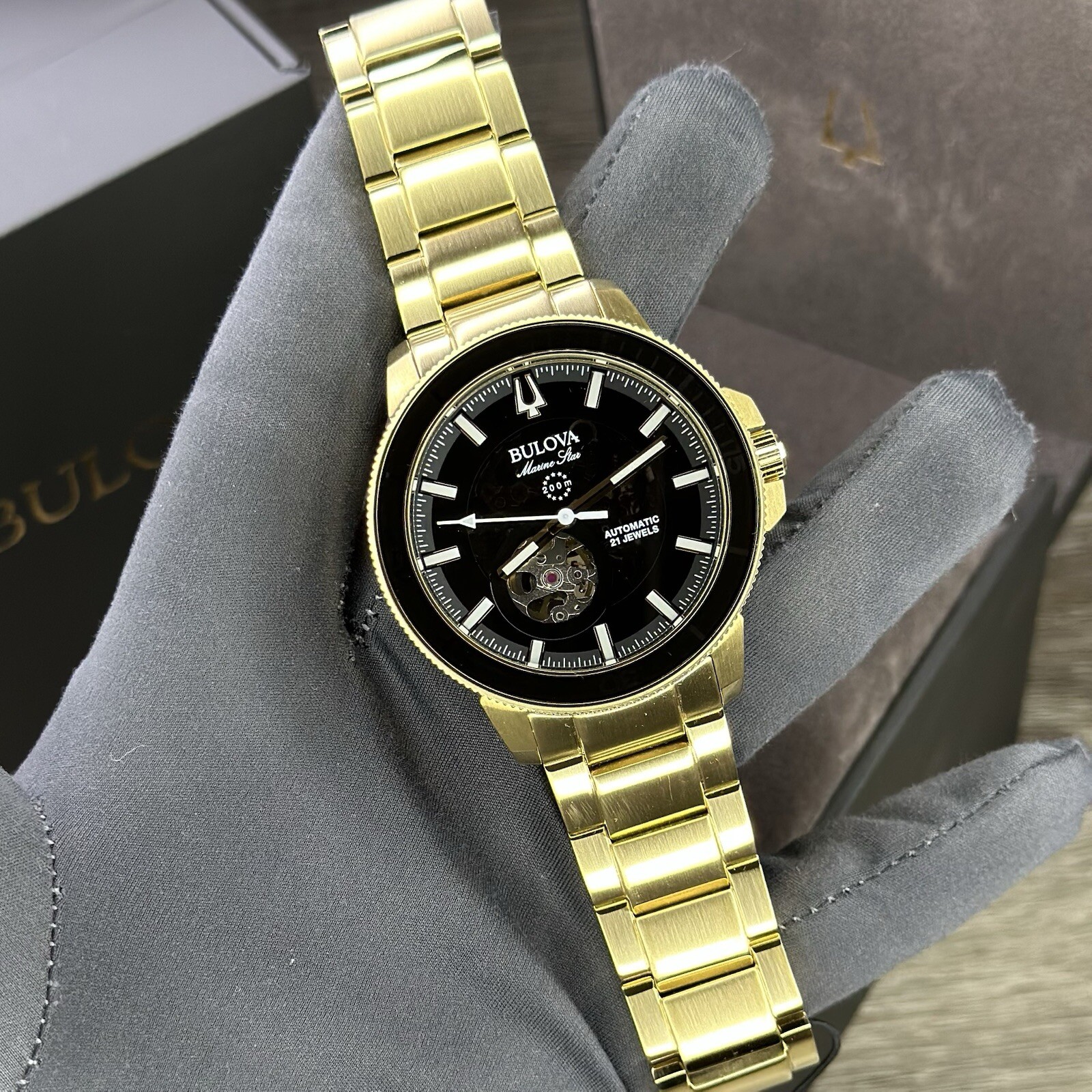 NEW✅AUTOMATIC✅ Bulova Marine Star Gold Tone Black Dial Skeleton Men Watch 97A174