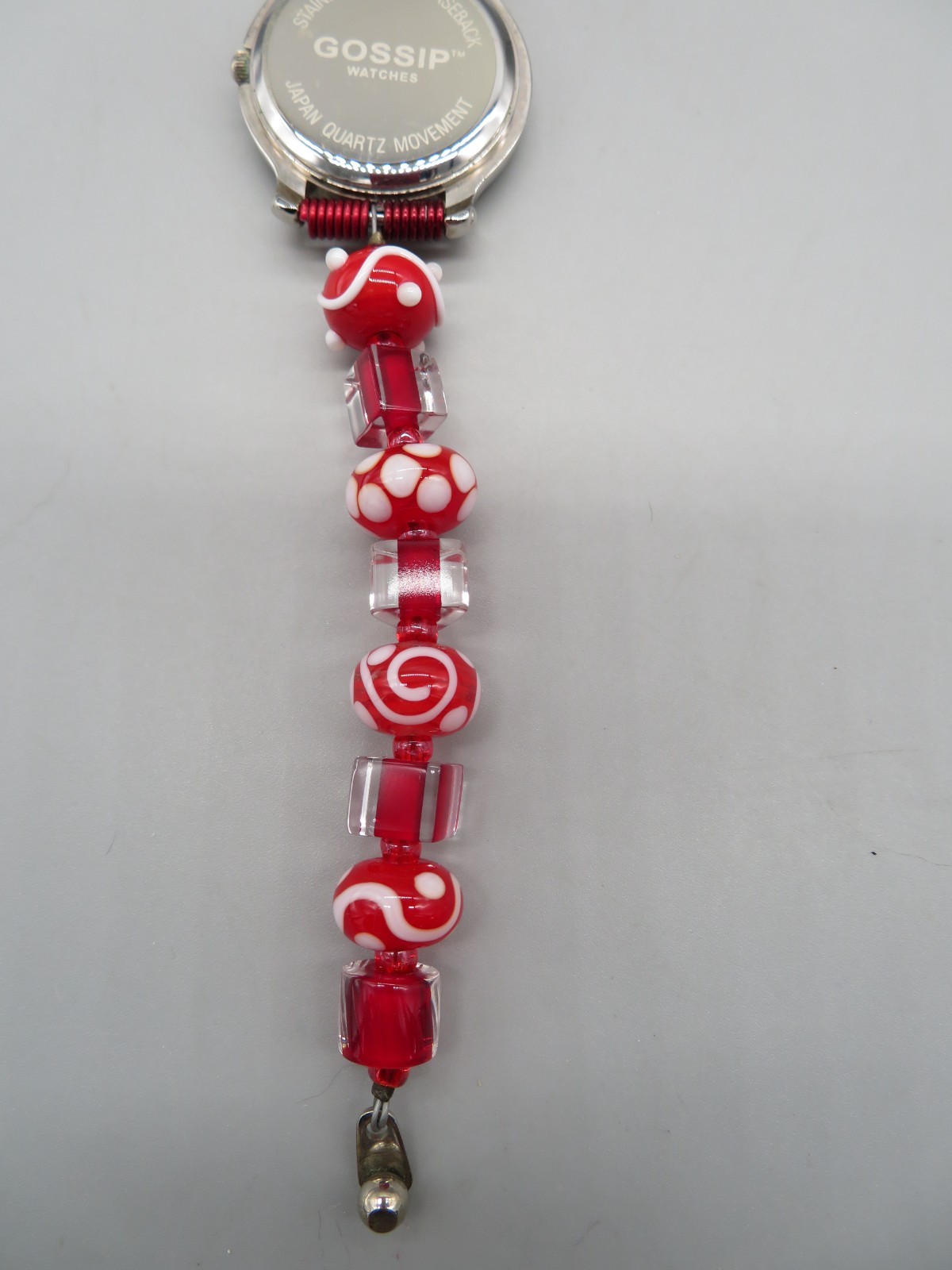 Unusual Gossip Watch Red, White & Clear Beaded Band Gemstone Bezel New Battery