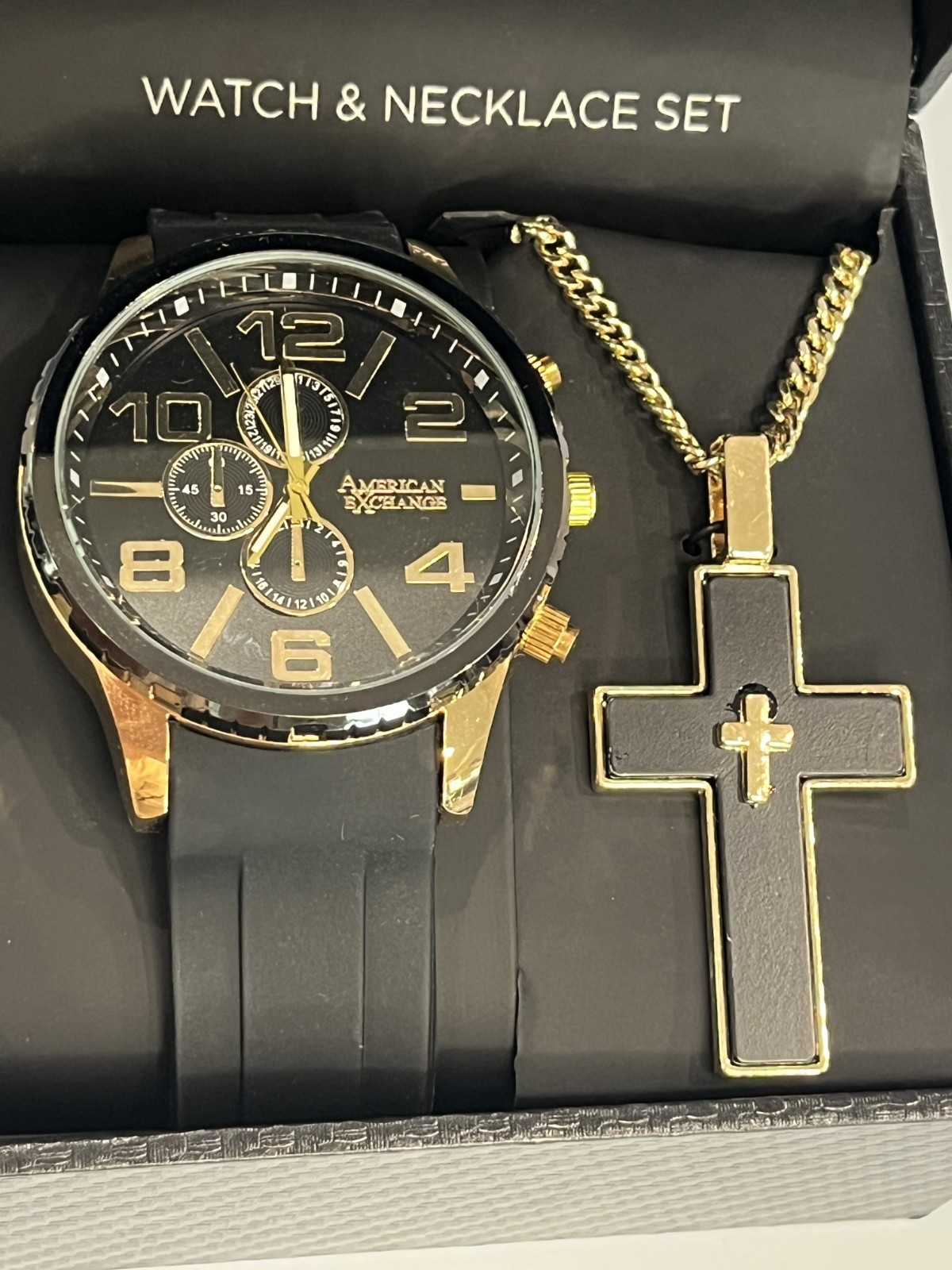 American Exchange Black Dial Chrono Men’s Wristwatch & Cross Necklace set NIB