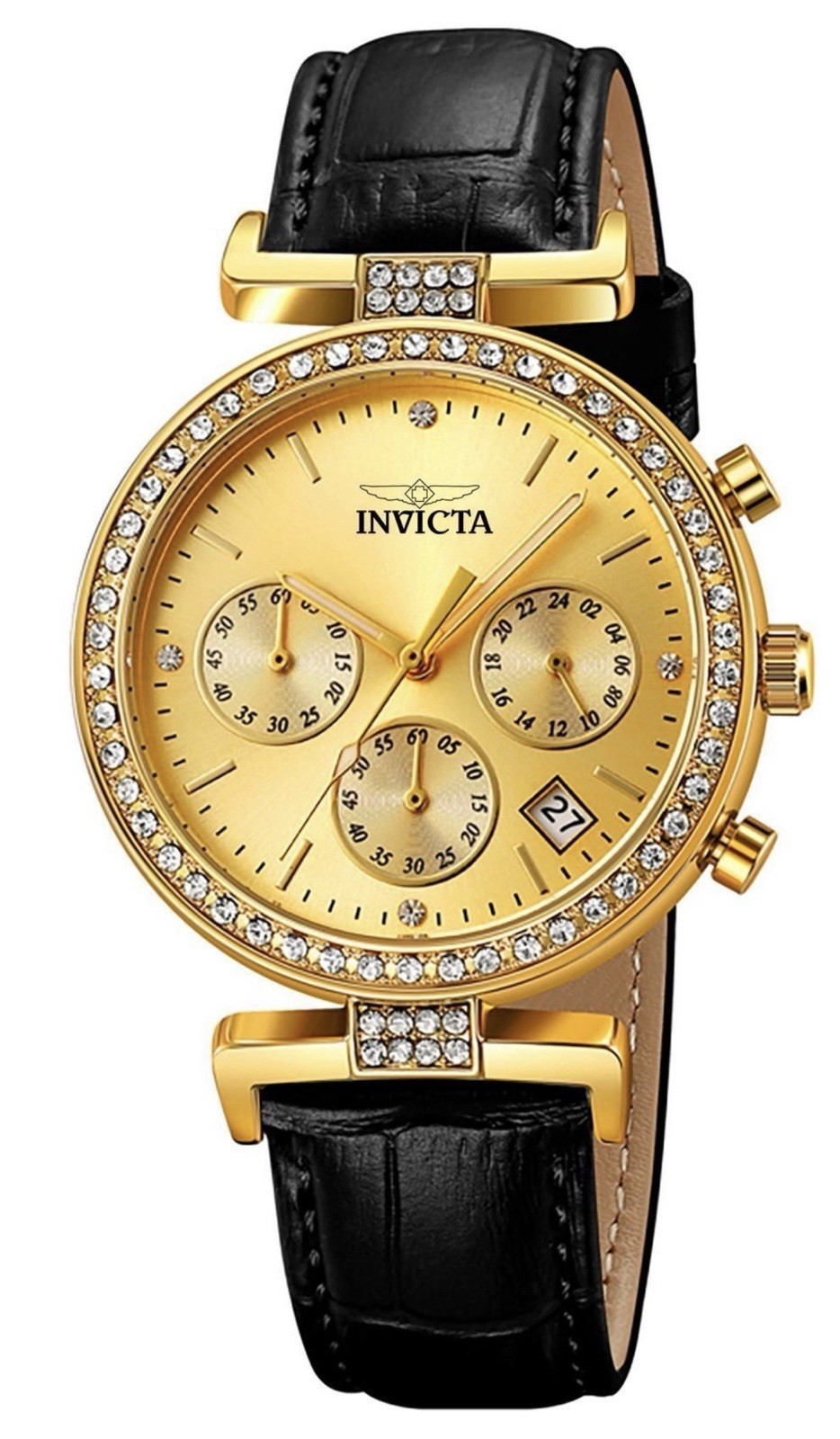 Invicta Celestial Women’s Watch Gold Crystal Chronograph With Black Strap – 38mm