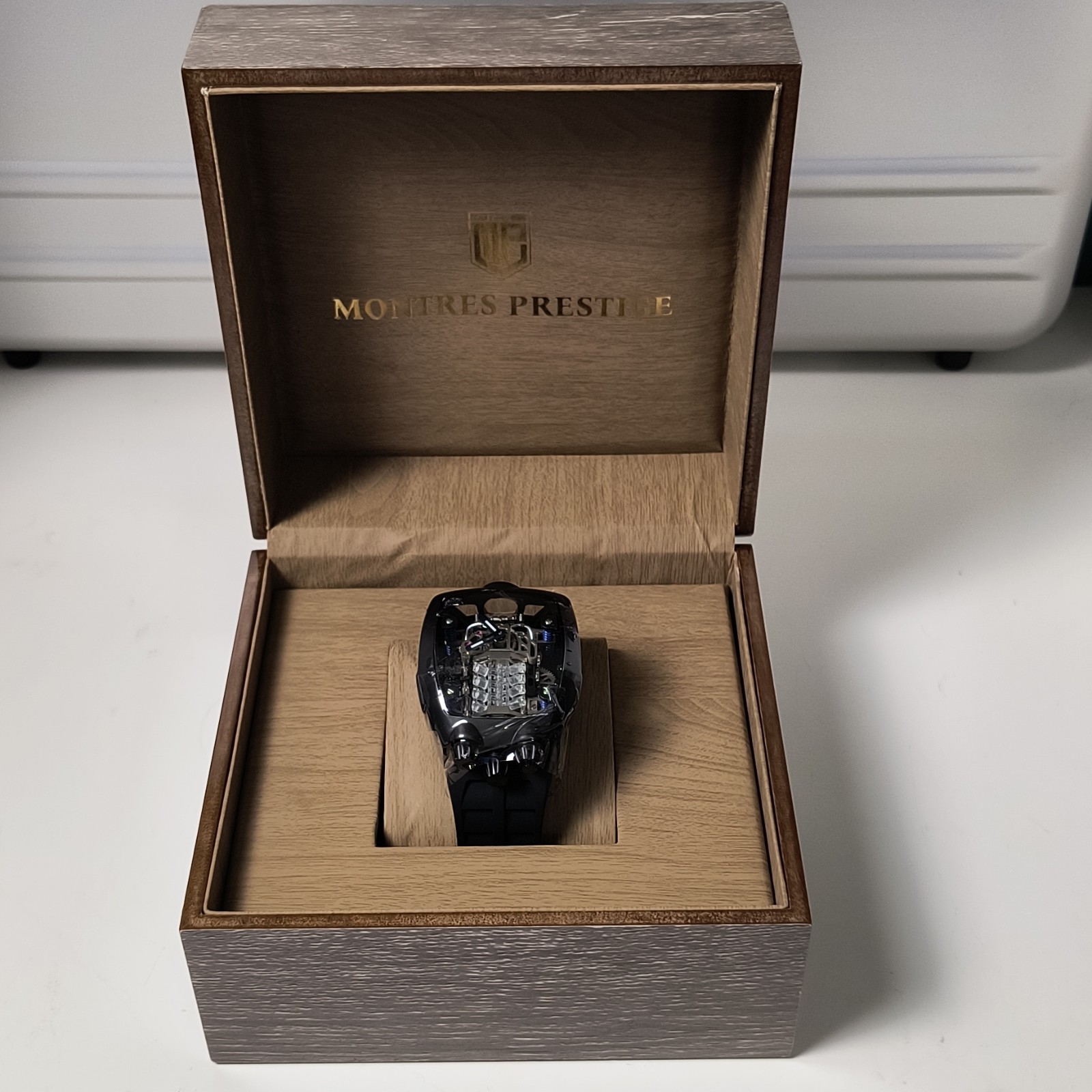 Montres Prestige Automatic Skeleton Black Dial Tonneau 44m Silicone Strap Box