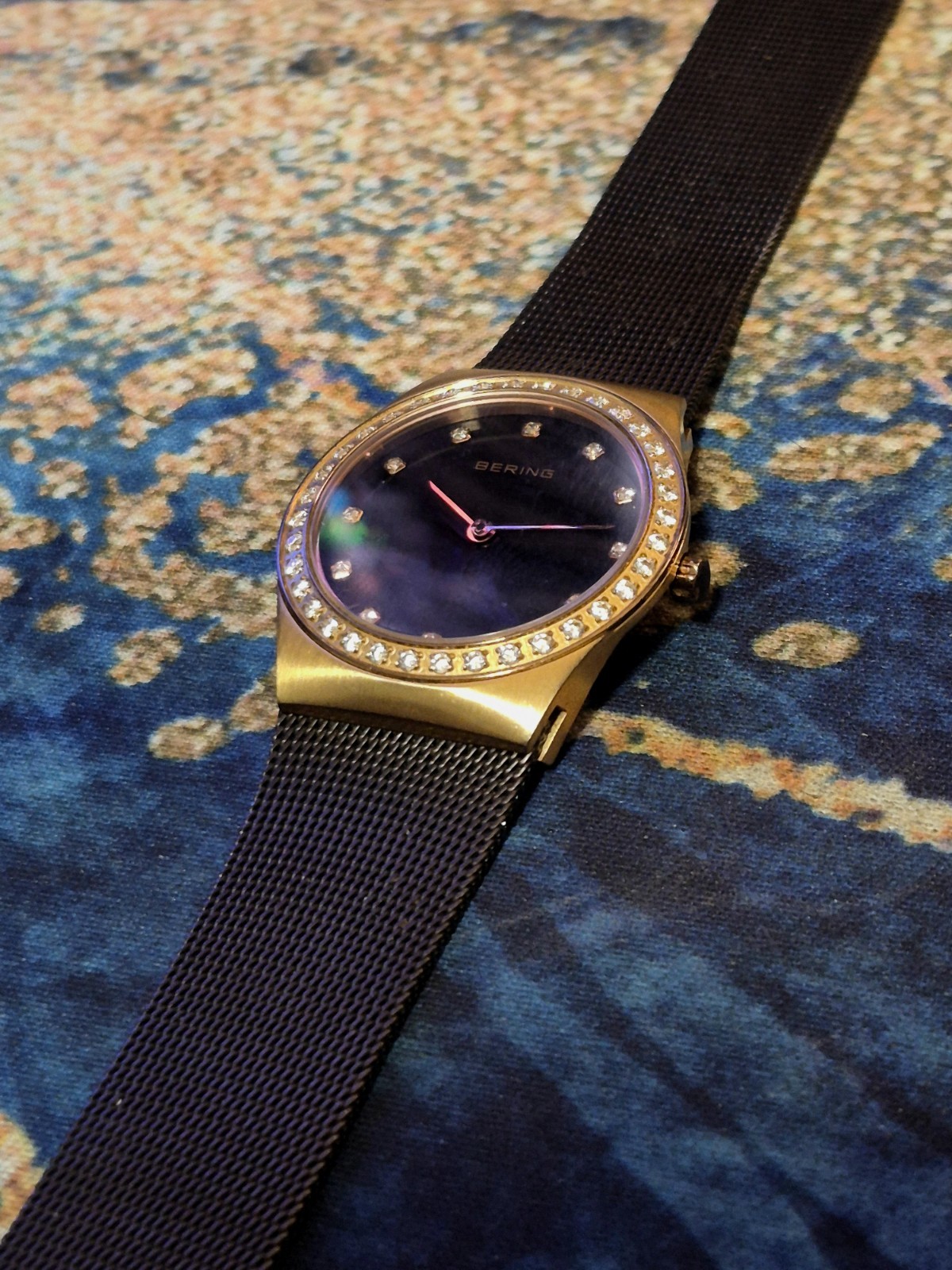 BERING Women’s Quartz Dress Watch Gold Case/Bezel Black MoP Dial Mesh Band