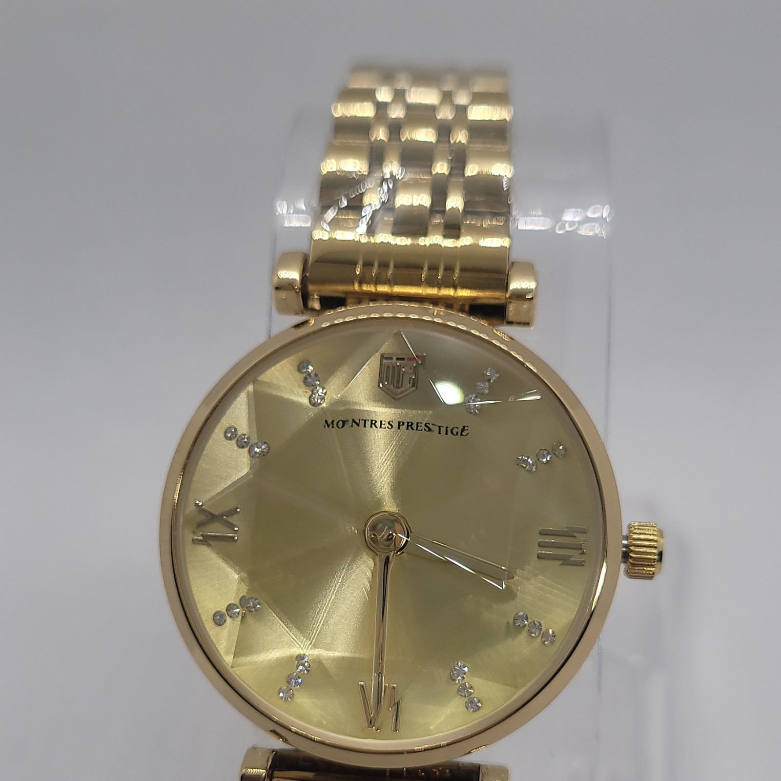 196 Montres Prestige gold gemmed sunburst dial analog quartz bracele watch w/box