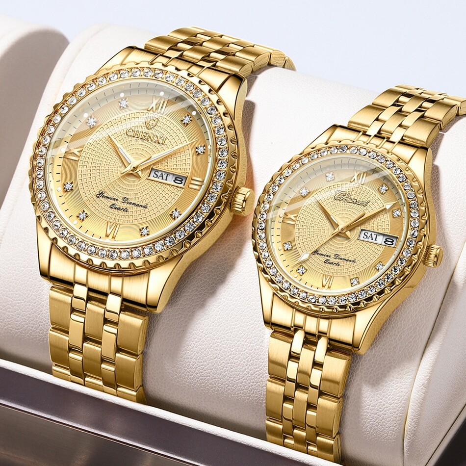 30m (3 atm) Water Resistance Gold Crystal Luminous Men/Woman Couple Quartz Watch