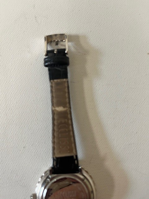 Ecclissi Sterling Silver Watch with Black Leather Band Mother of Pearl Face