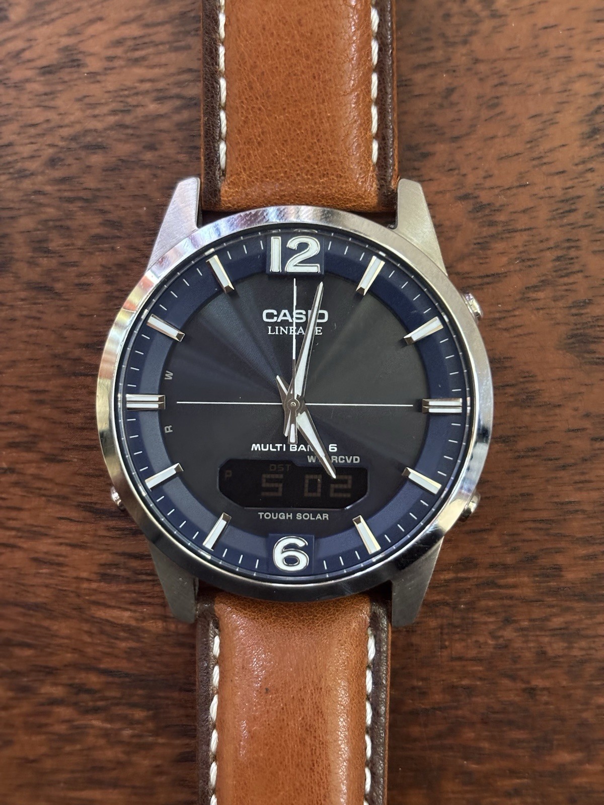 Casio Lineage Tough Solar Multi Band 6 Ana-Digi Blue Dial Brown Leather 41mm