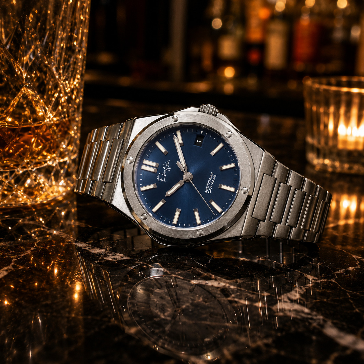 Custom Élan Noir Day-Mark Auto NH35 Watch Navy Dial Sapphire Glass Steel 41mm