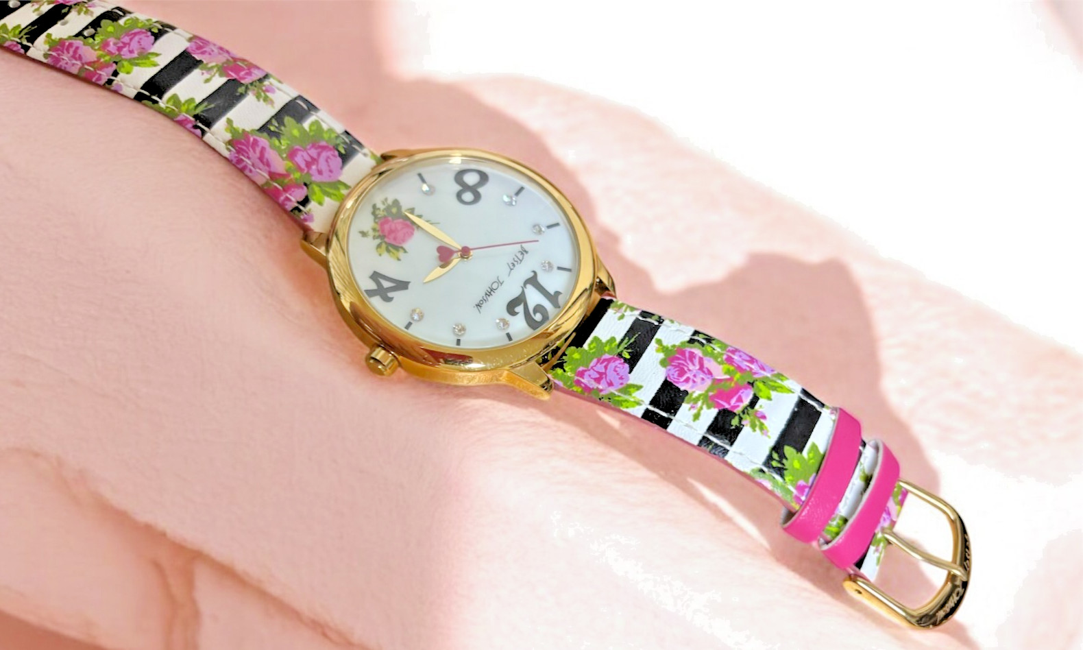 Betsey Johnson Boyfriend Watch Black White Stripes & Pink Roses