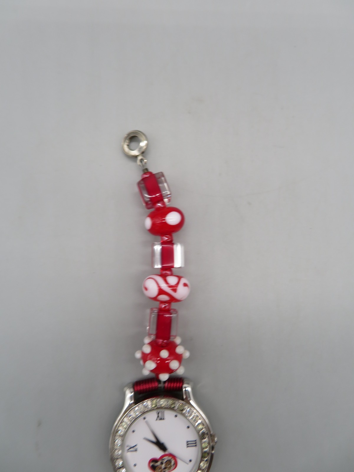 Unusual Gossip Watch Red, White & Clear Beaded Band Gemstone Bezel New Battery