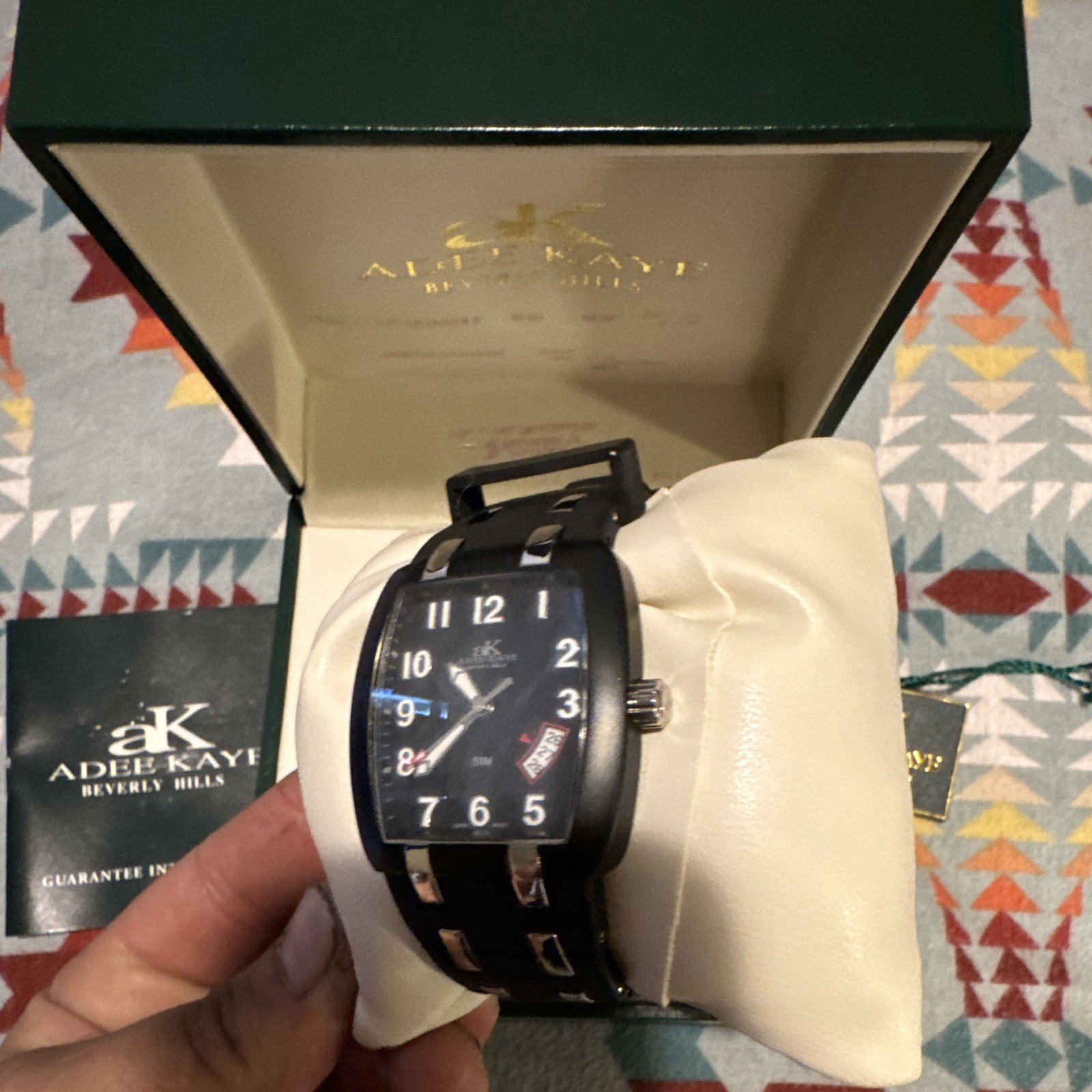 Adee Kaye Beverly Hills Quartz Rectangle Watch Black Dial Rubber Strap Date Box