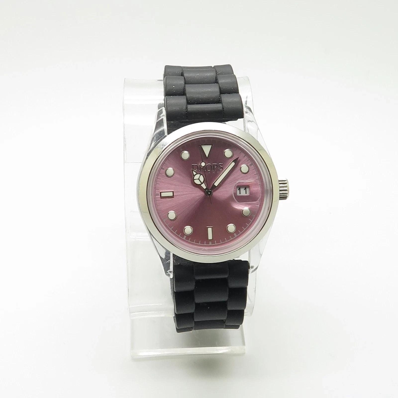 Drops Milano Pink Face Plastic Black Silicone Band Watch