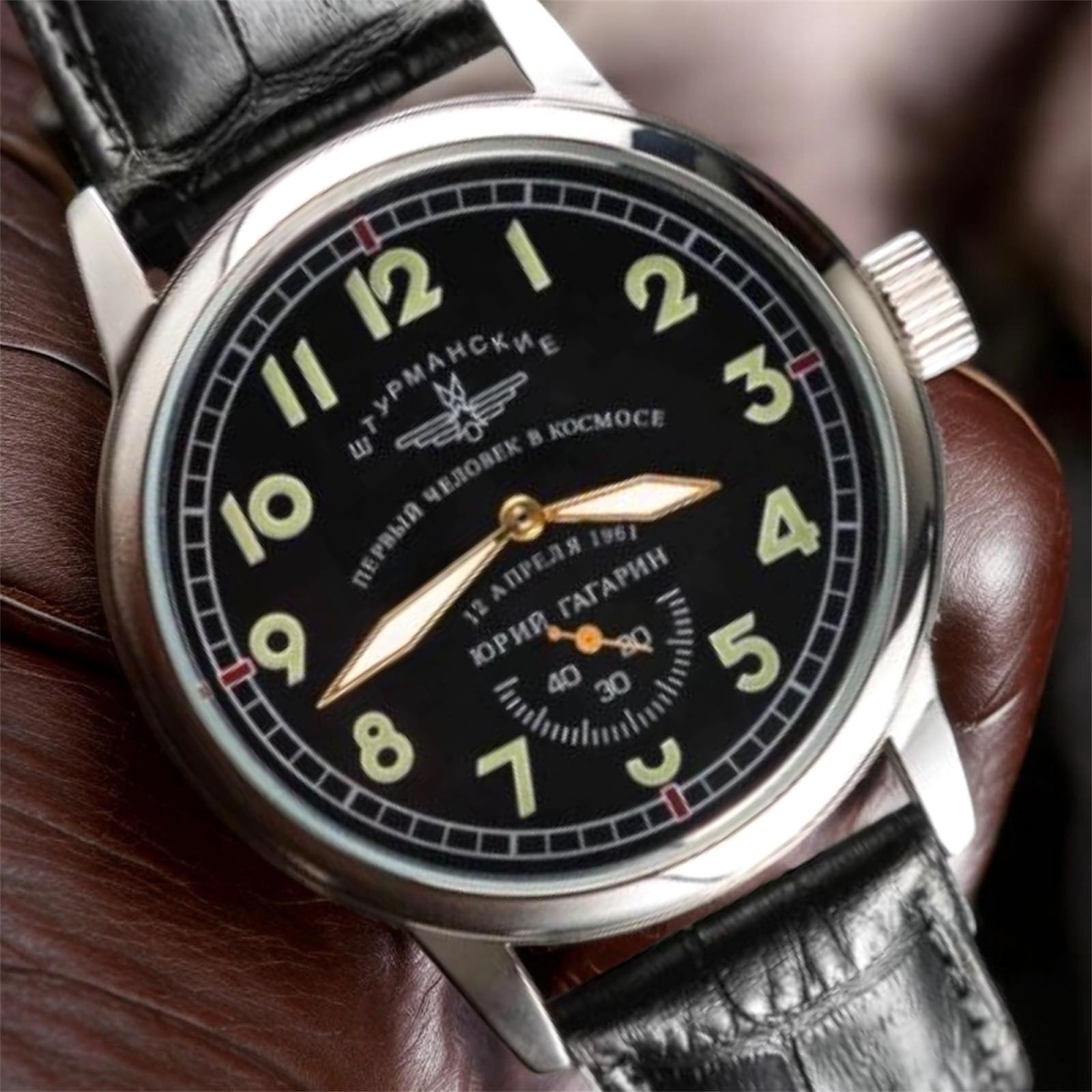 Watch Pobeda Mechanical Shturmanskie Yuri Gagarin Wrist Military Men Space Black