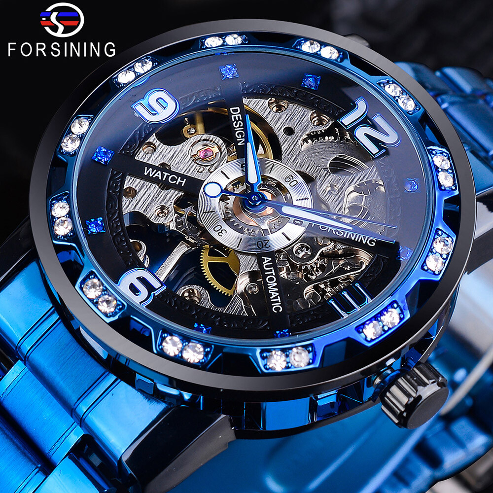 FORSINING Men’s Stainless Steel Watch Luxury Diamond Skeleton Mechanical Watches