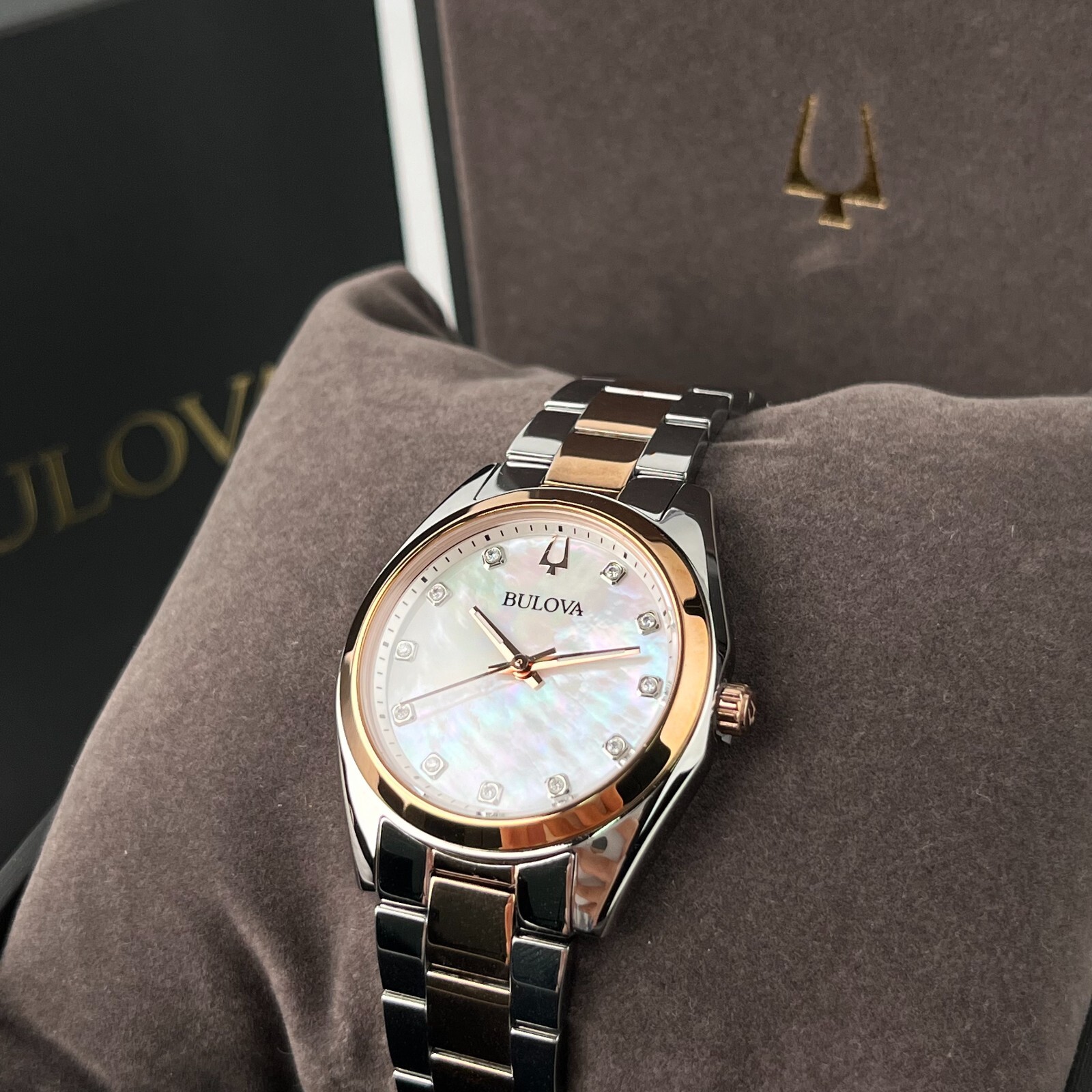 Bulova Women’s Watch Surveyor Mother of Pearl White Dial Rose Gold Strap 98P207