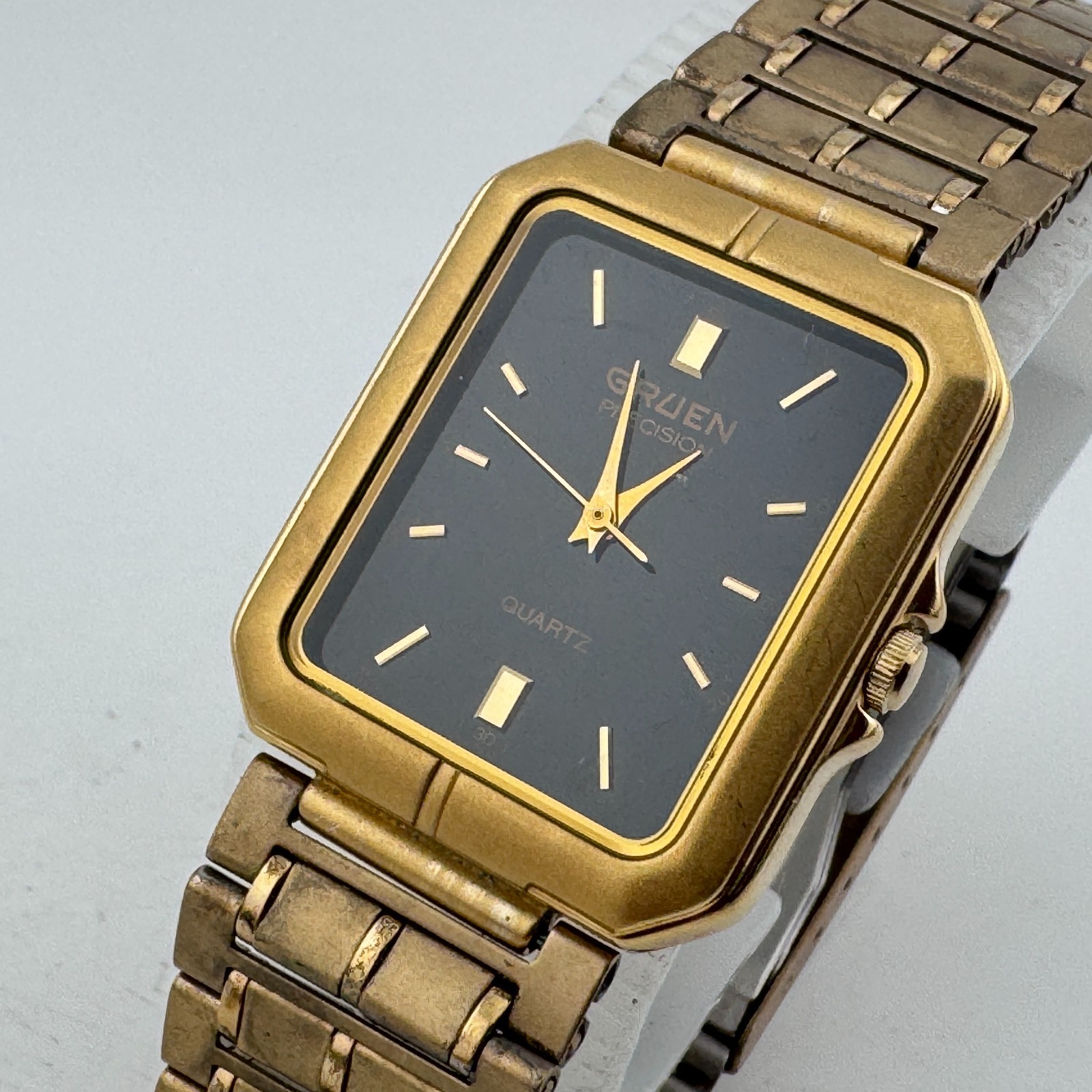 Vintage Gruen Japan Quartz Watch Men Gold Tone Black Rectangle New Battery 7.5″