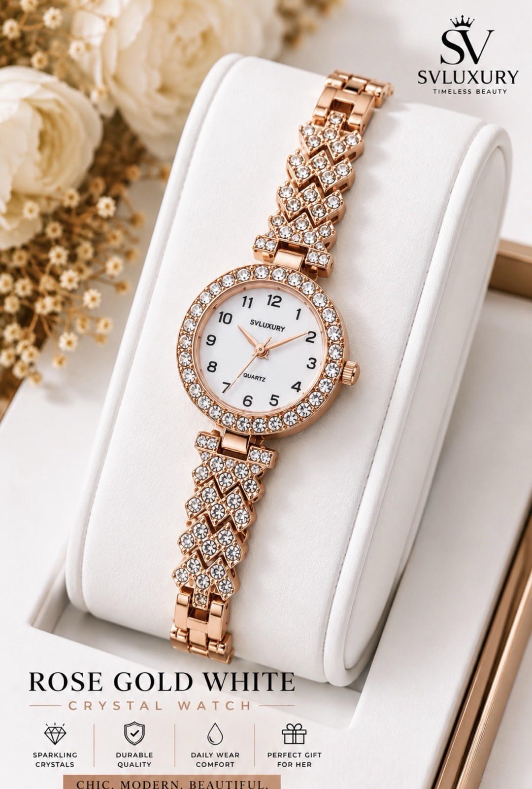 Women’s Crystal Quartz Bracelet Watch –– Elegant Fashion Wristwatch Gift for Her