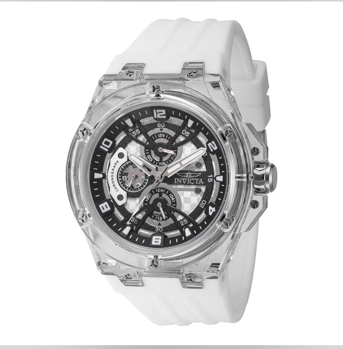 Invicta Racing Men’s Quartz Watch Clear Case White Silicone Strap Silver Skeleto