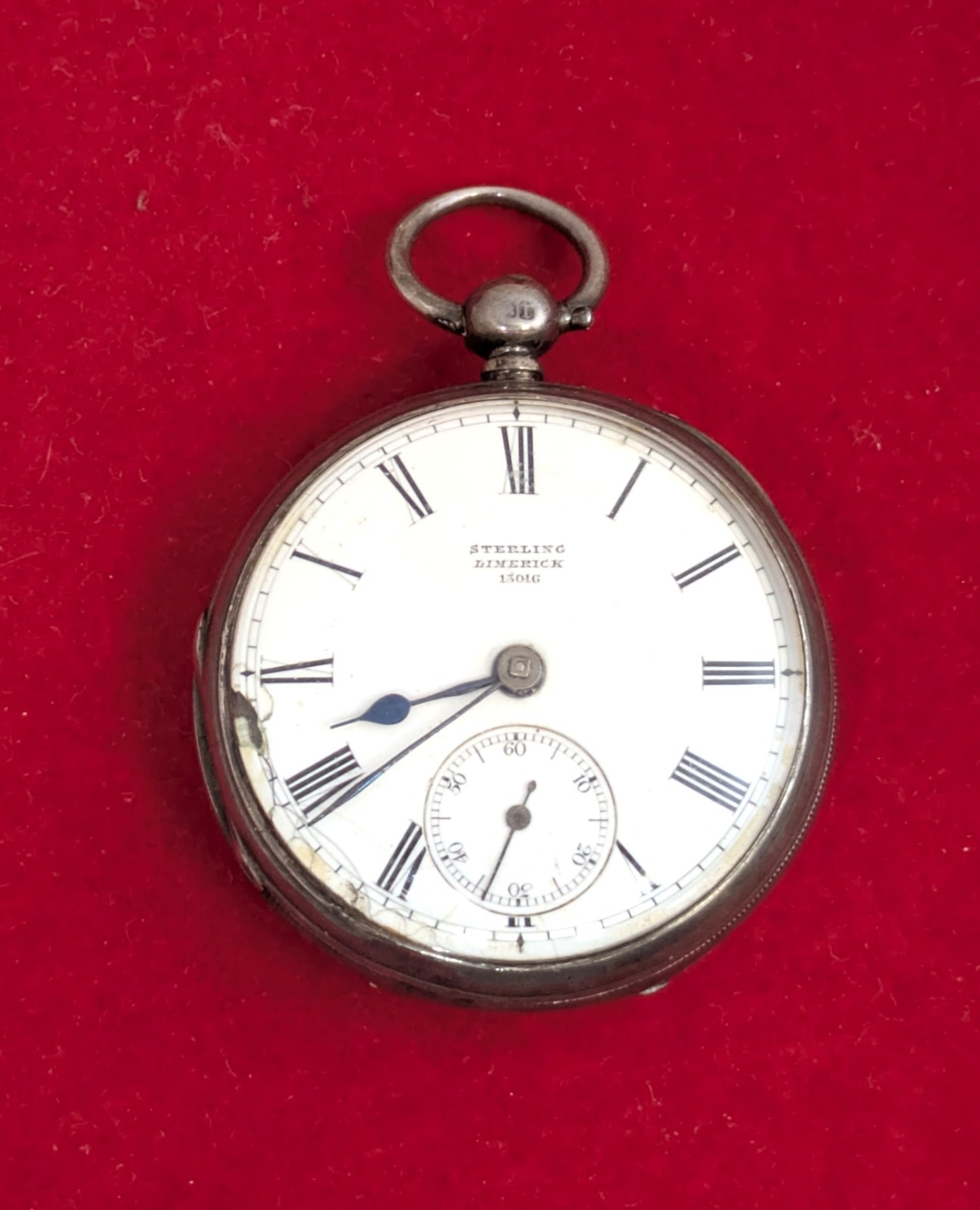 Key Wind Irish .925 Sterling Limerick Silver Open Face Pocket Watch, 43 mm Case