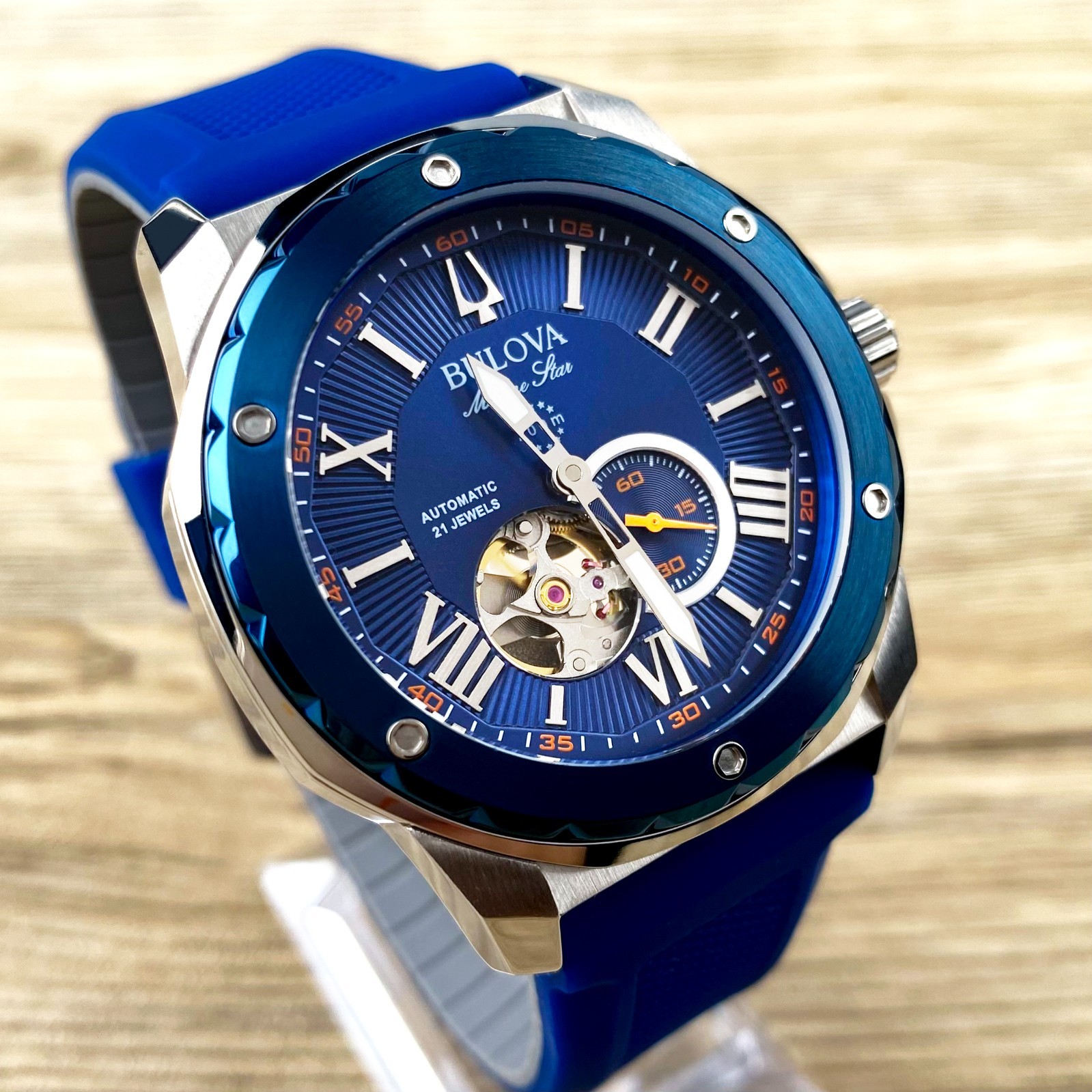 Bulova Marine Star 98A303 Automatic Men’s Watch 45MM Blue Dial Blue Rubber Strap