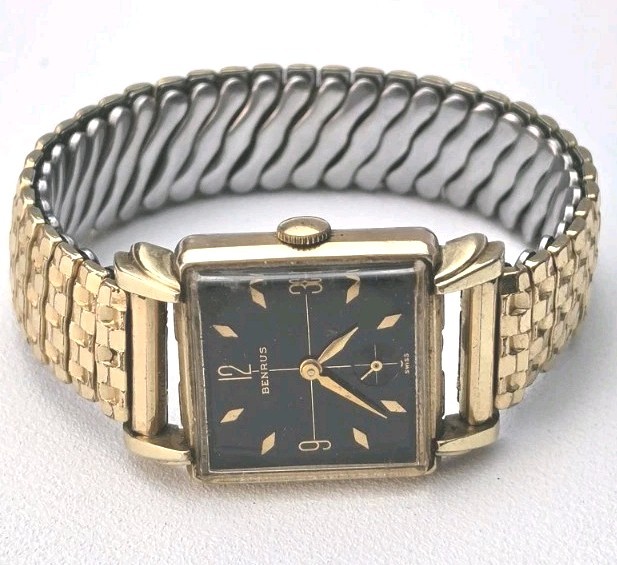 Benrus Vintage 1940s Manual Wind Rectangular Dress Watch Black Dial Gold
