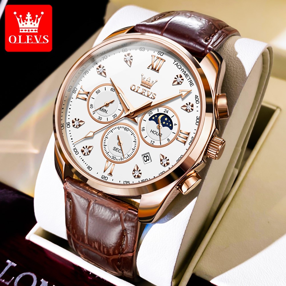 OLEVS Men’s Luxury Chronograph Quartz Watch Leather Band Moon Phase Waterproof