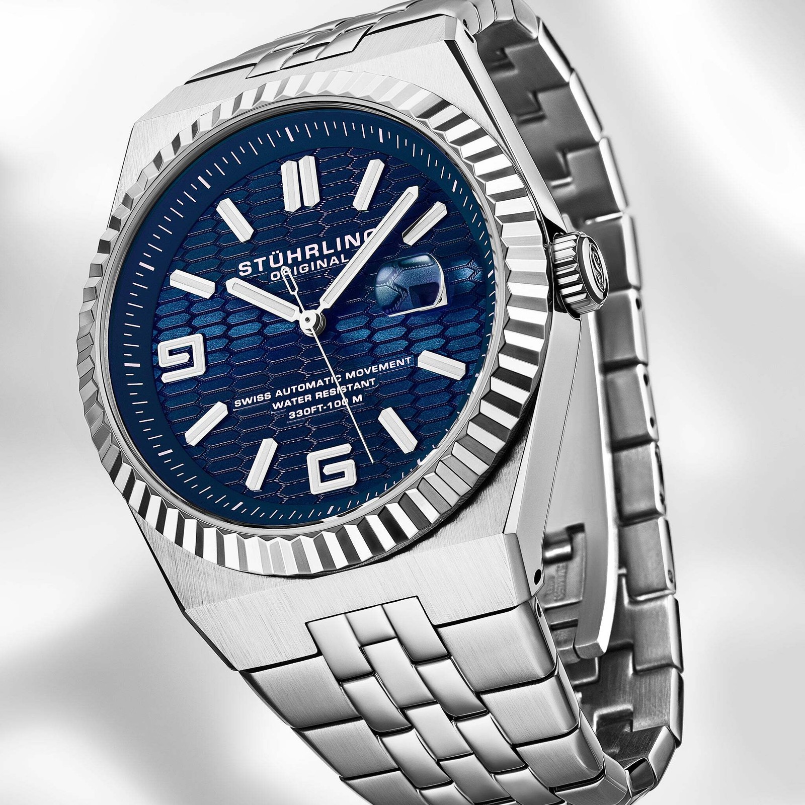Sentinel 1027 Men’s 42mm Navy Guilloché-pattern Dial/Stainless Steel Bracelet Wr