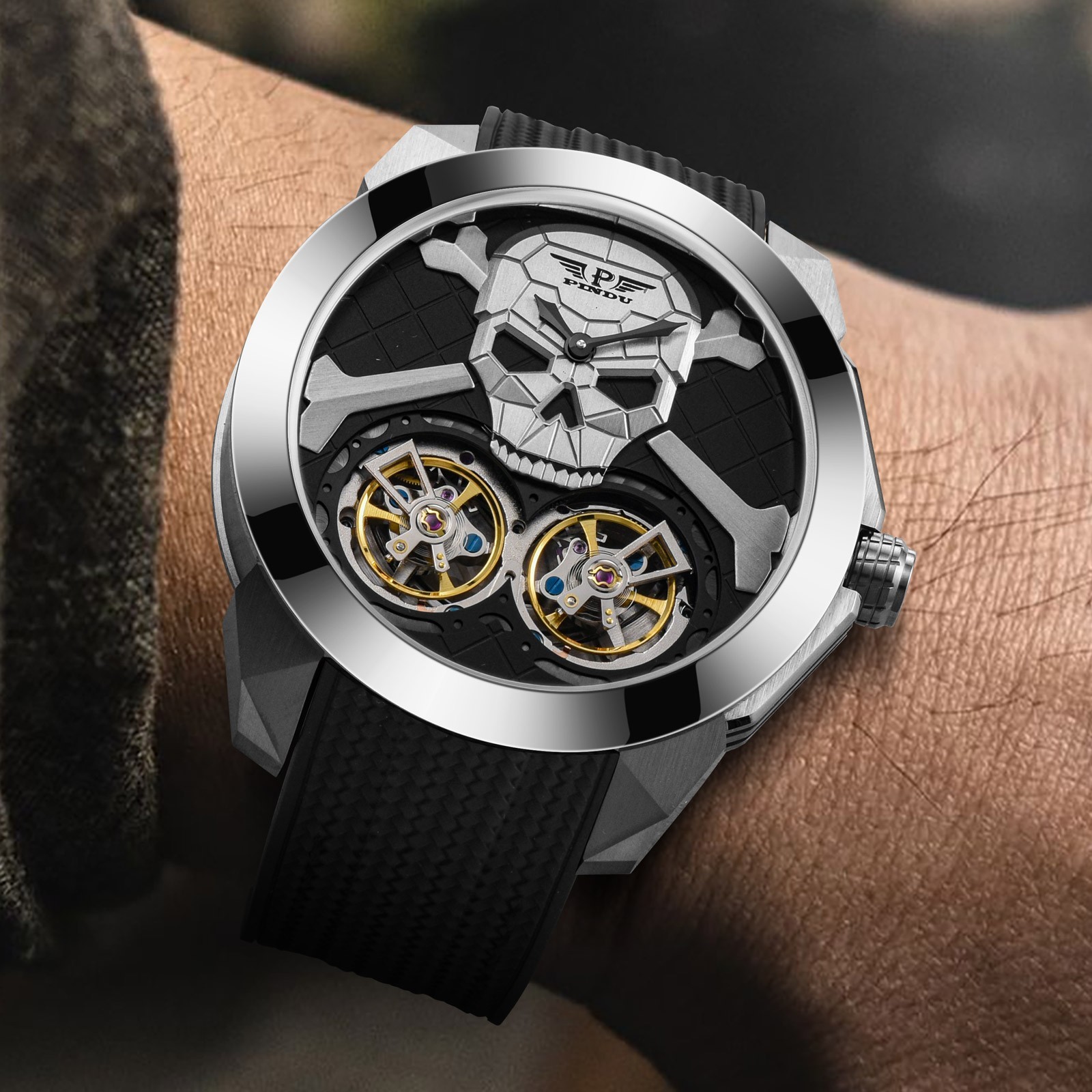 PINDU Men’s Double Tourbillon Mechanical Watch Skull Design Diamond Bezel 5ATM