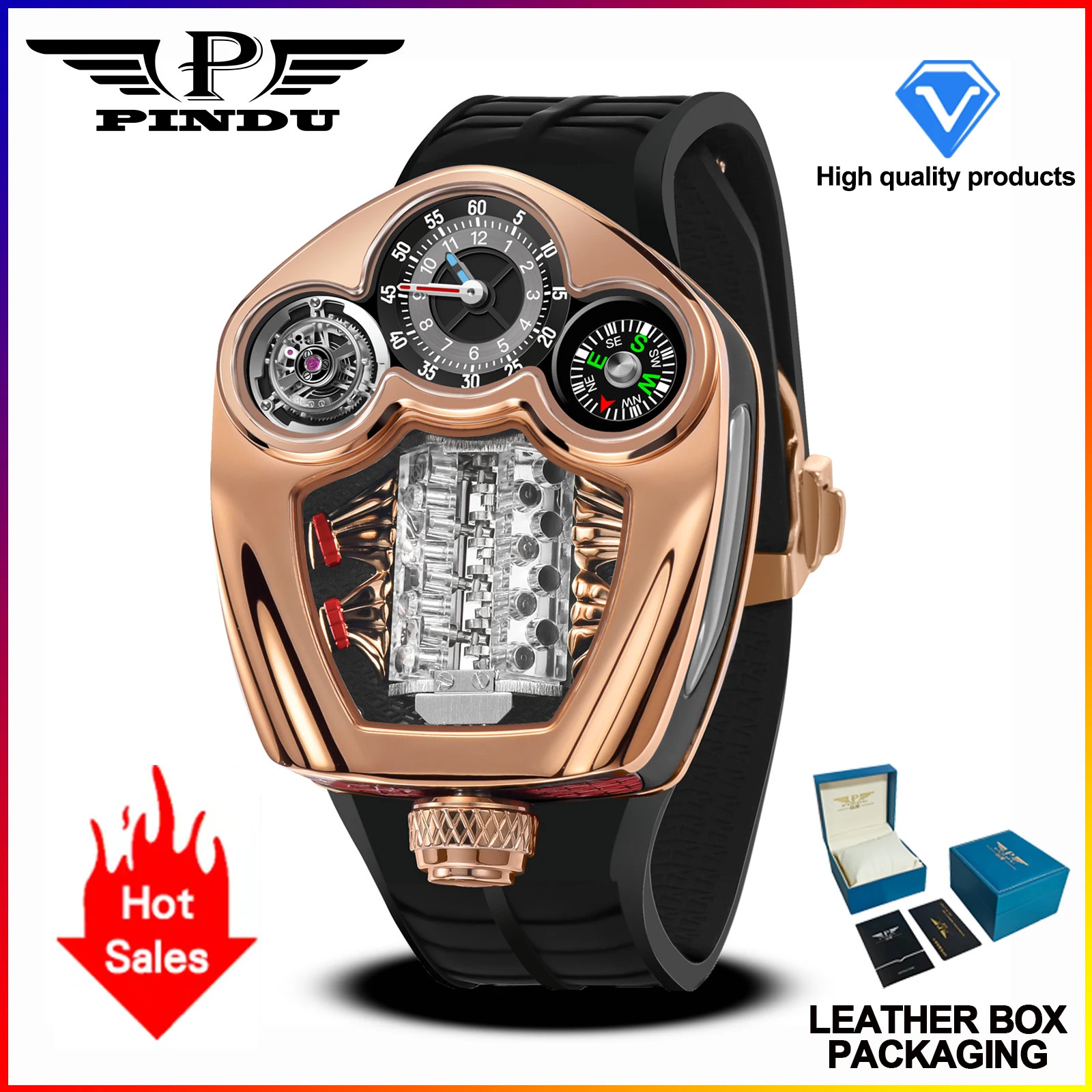 PINDU Engine Series Watch Men Compass Waterproof Swiss Quartz 762 Movement