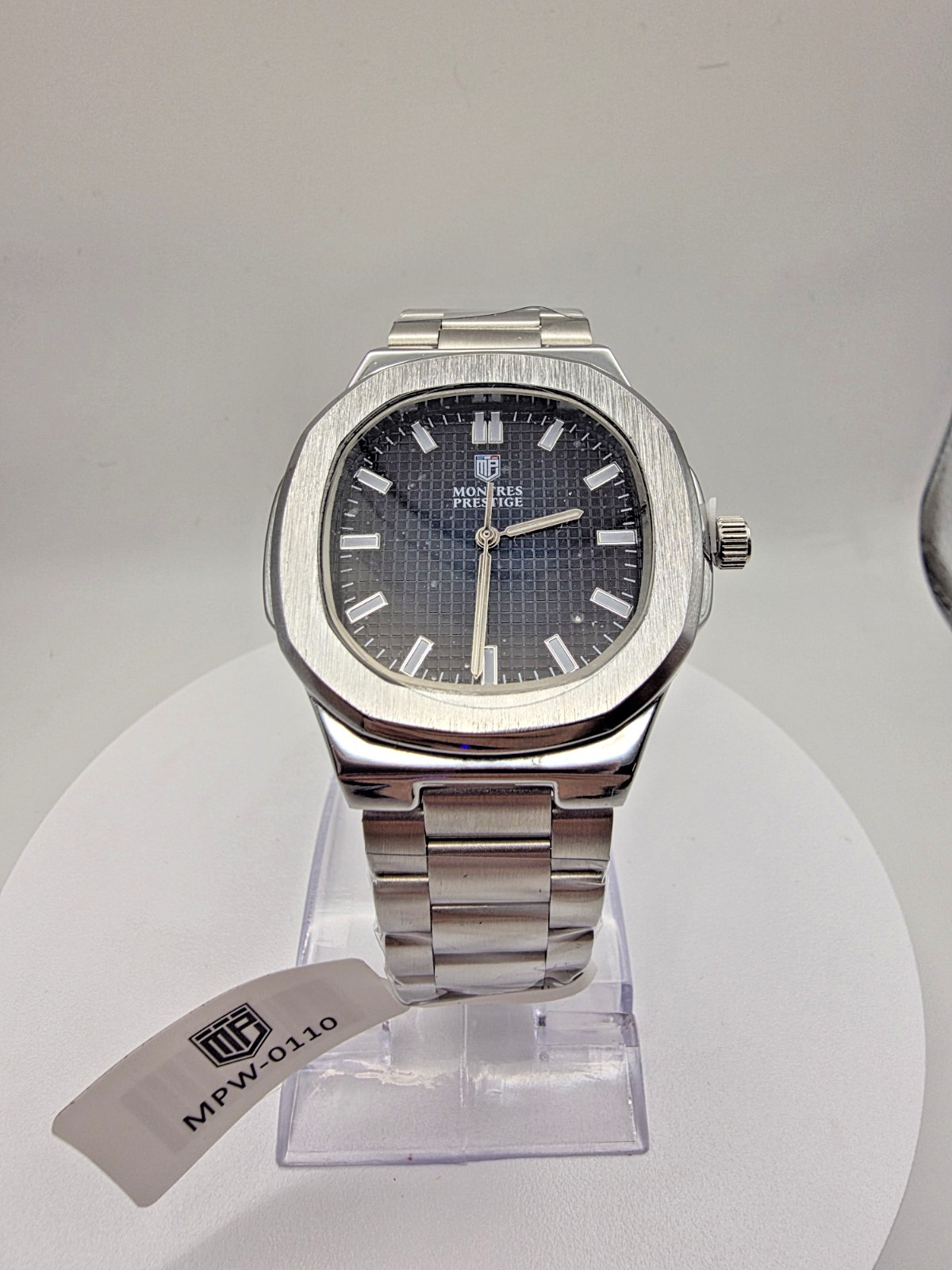 Montres Prestige Silver Stainless Steel Black Dial Analog Men’s Dress Watch 40mm