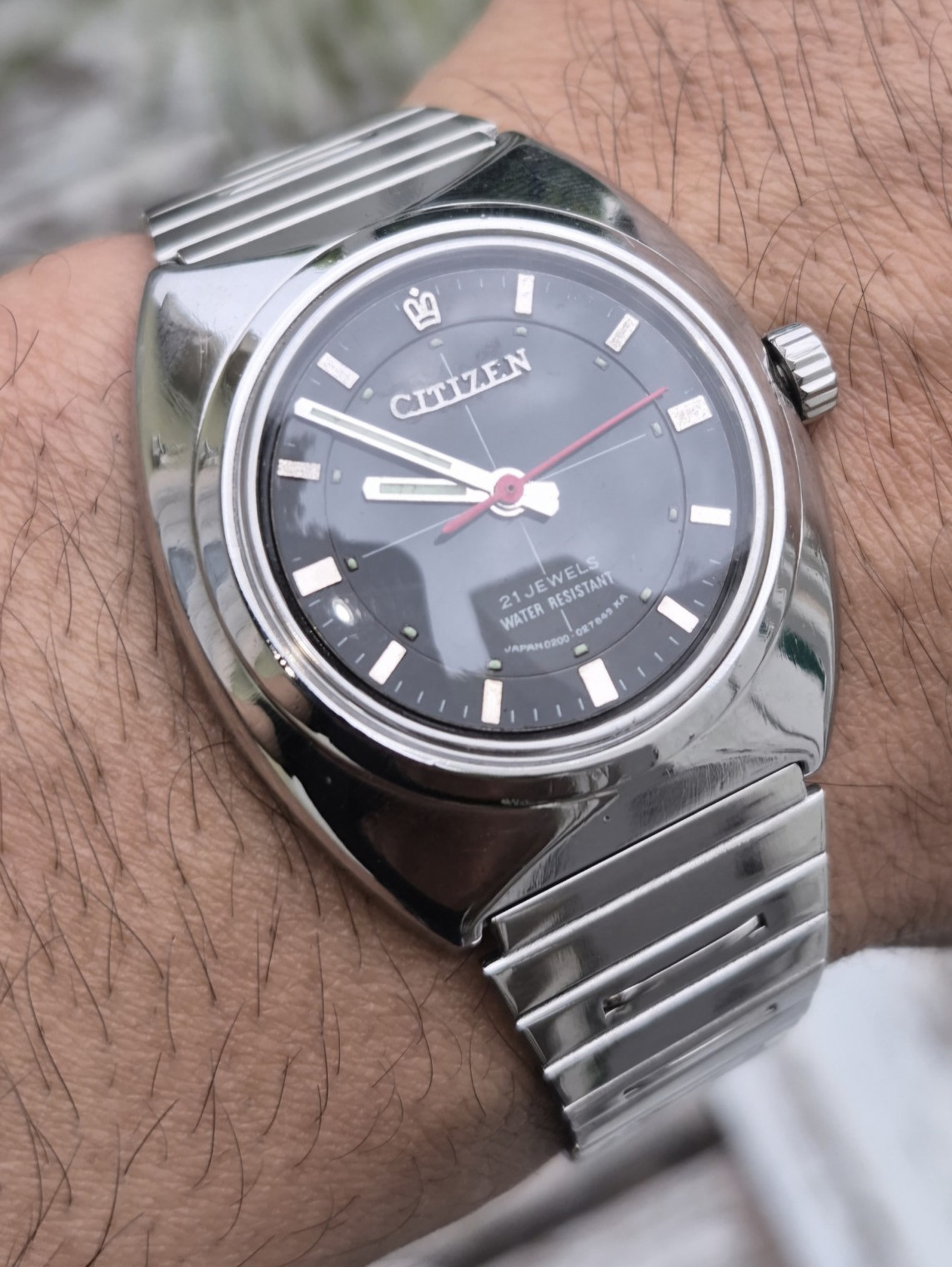 Citizen 21J Automatic Vintage 1970s Black Dial SS Bracelet Water Resistant 36mm