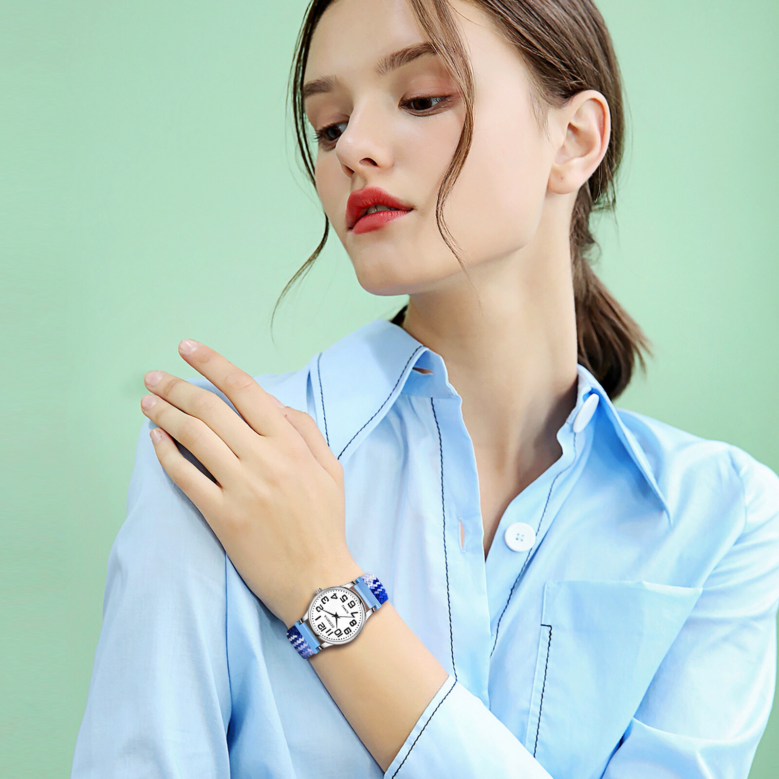 Women Men Elastic Braided Band Large Round Dial Easy Reader Analog Quartz Watch