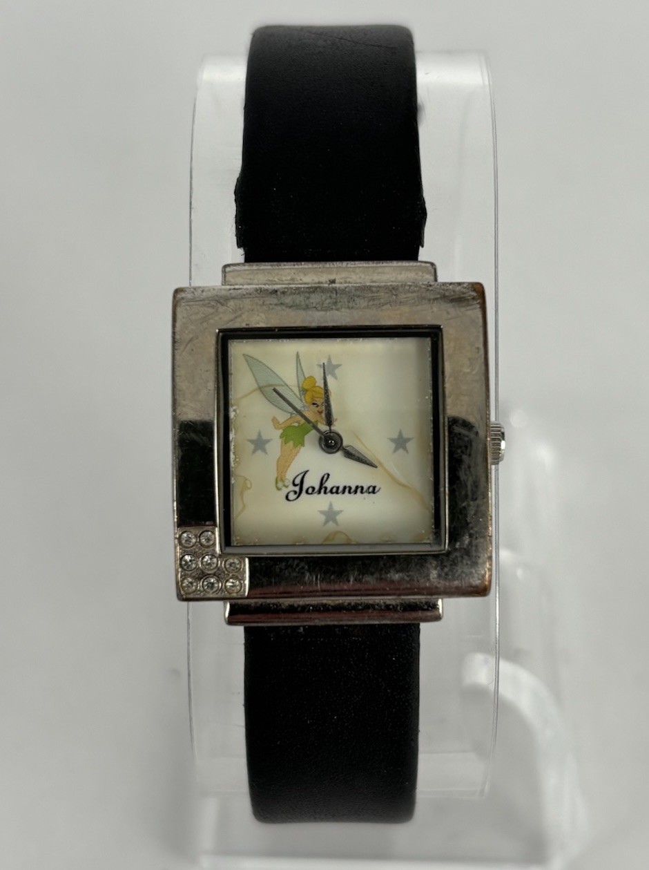 Disney Tinkerbell 23mm Silver Tone Quartz Watch w/Leather Band & New Battery