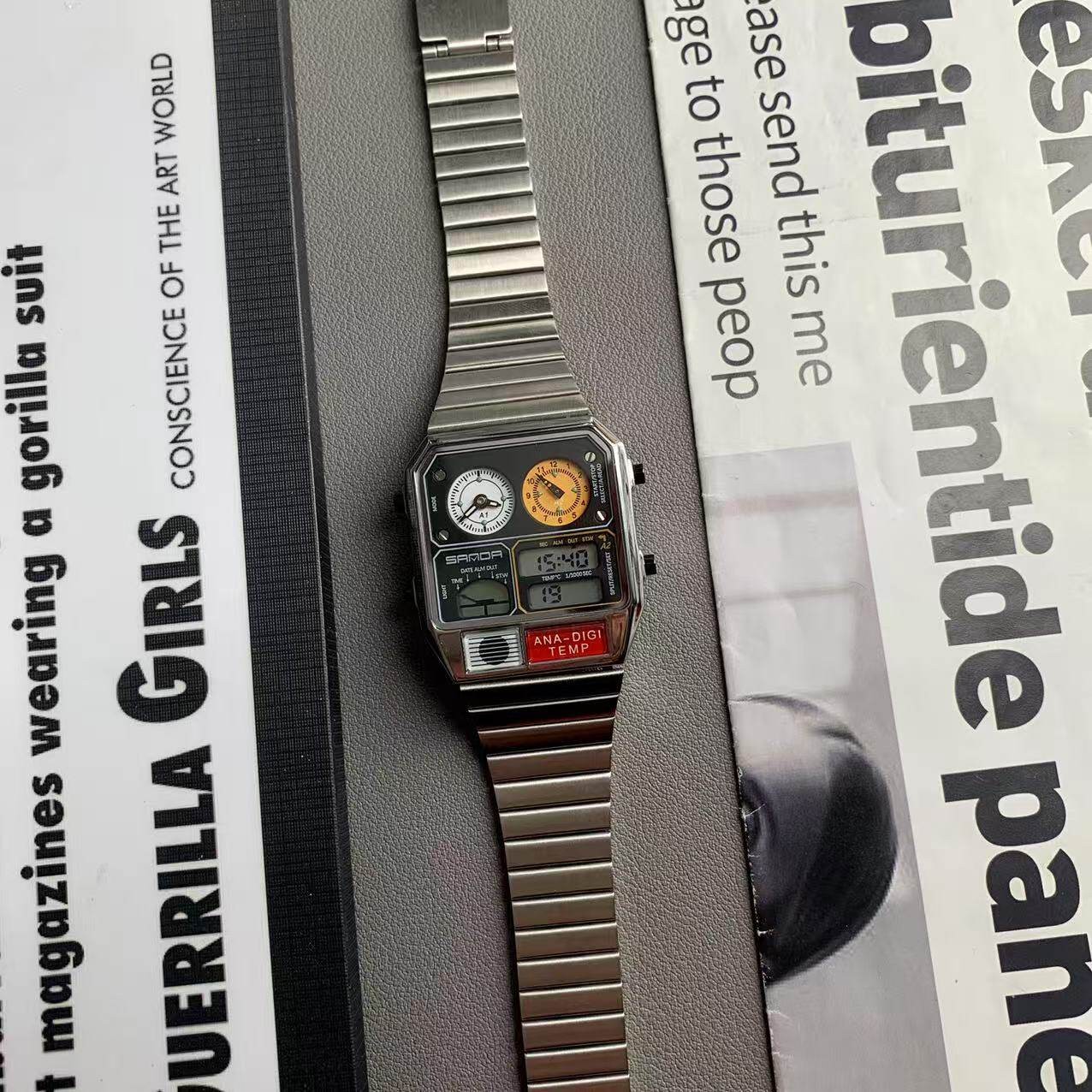 Retro Thin Square Sports Watch Luminous Alarm Waterproof Stainless Steel Band