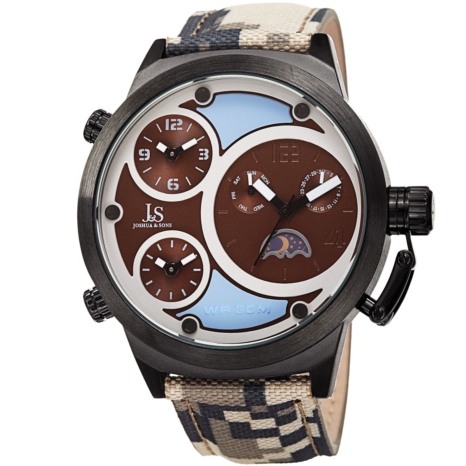 Men’s Joshua & Sons JX131BR Triple Time Zone Moon Phase Quartz Camouflage Watch