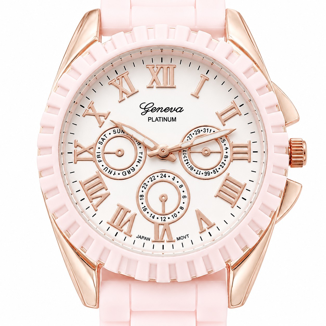 Geneva Platinum Women’s Powder Pink Rose Gold Rubber Strap Quartz Watch