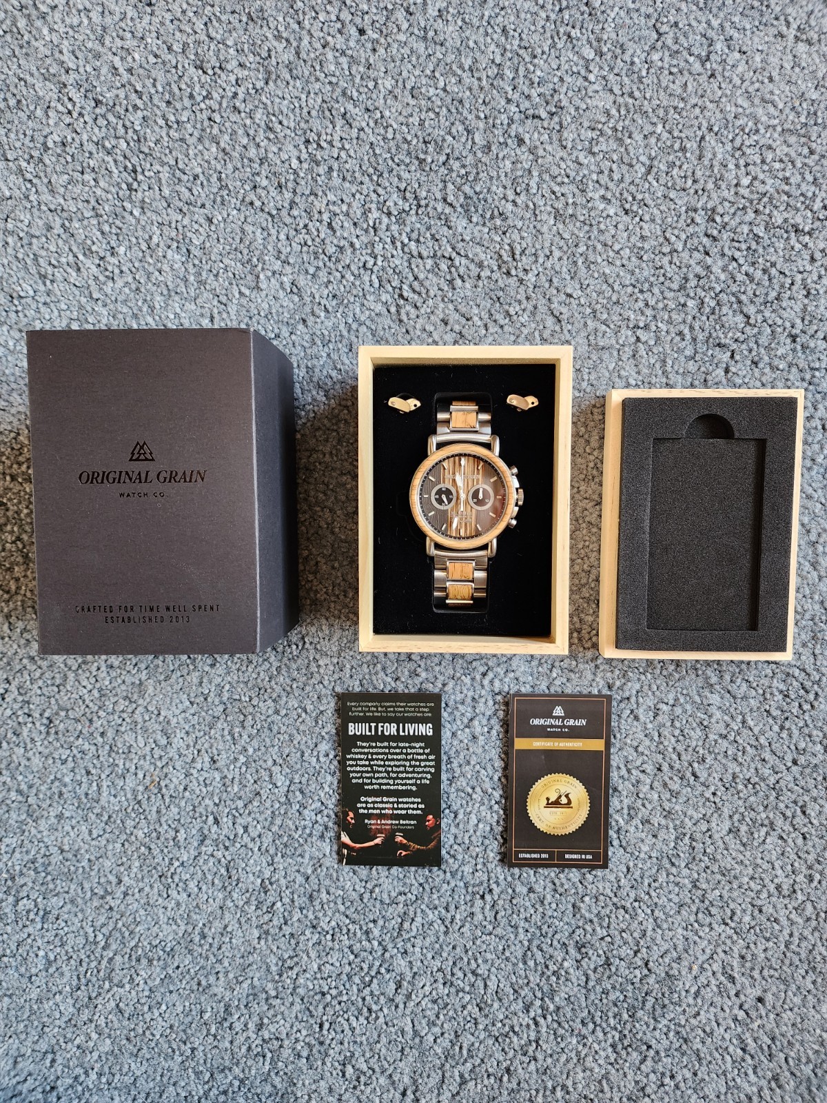 Original Grain Brewmaster Mechanical Chronograph 44mm Wood Watch Box/Papers LN