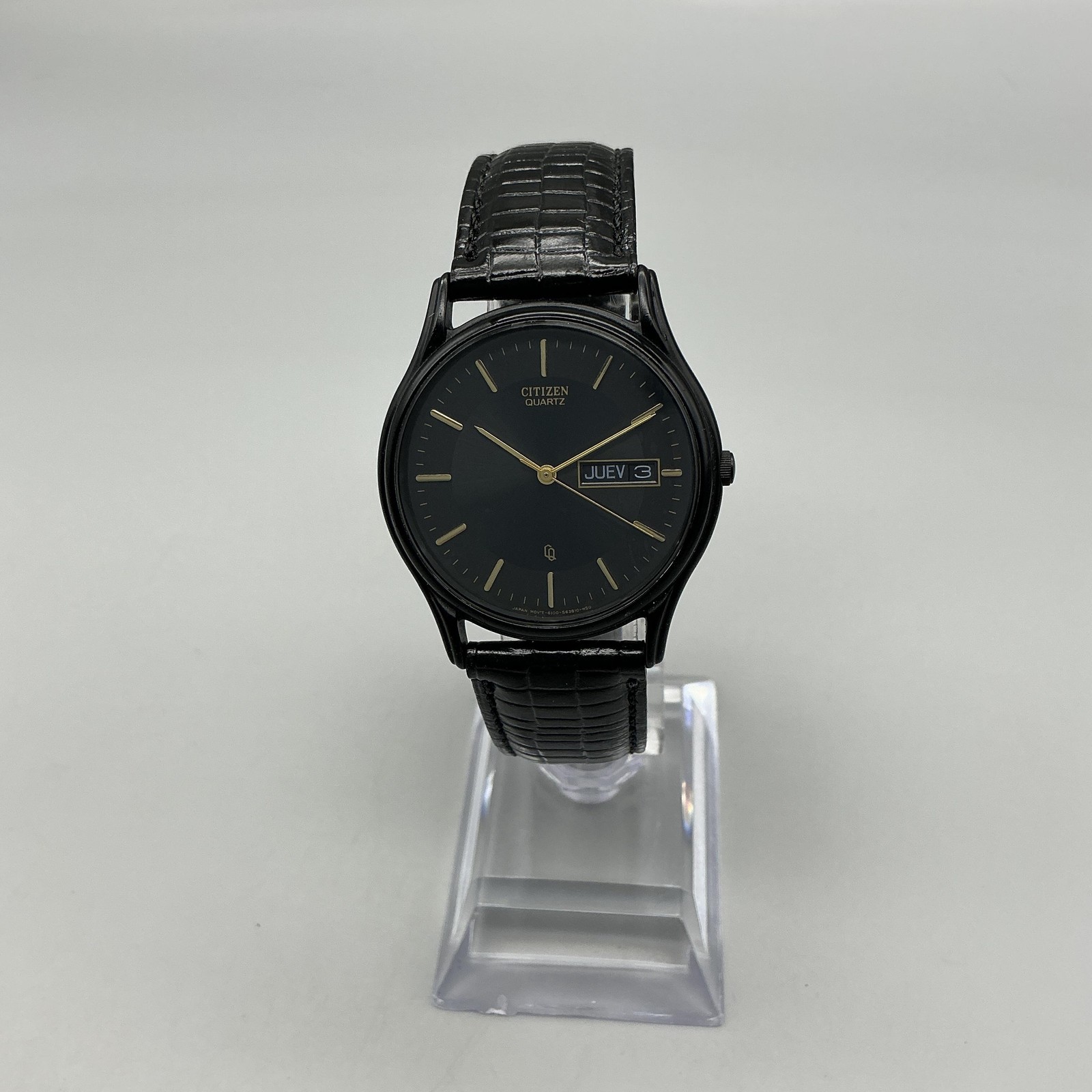 Vintage Citizen Mens Watch 34mm Black Dial Black Leather Day Date New Battery