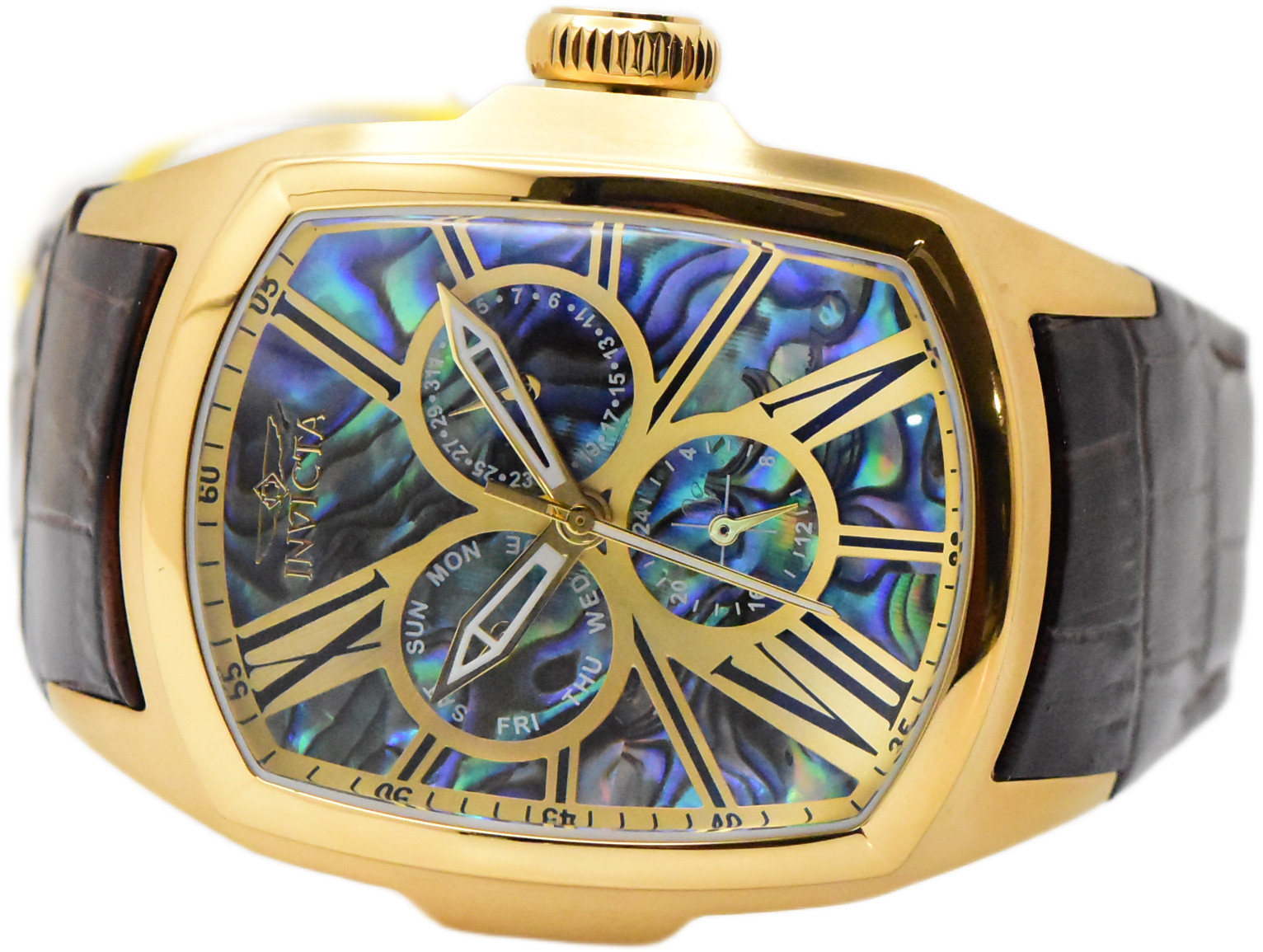 Invicta Lupah Abalone Dial Mens 47mm GMT Day/Date Quartz Watch 35193 Brown Strap