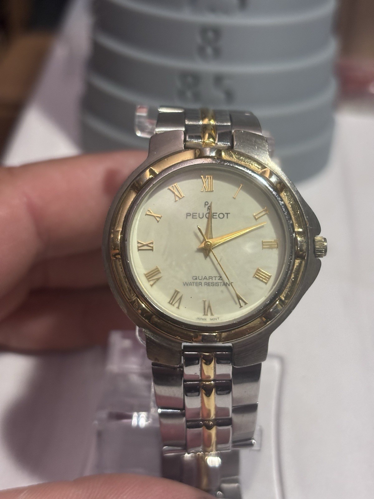 Peugeot Quartz Two-Tone Silver/Gold Bracelet Watch Roman White Dial WR