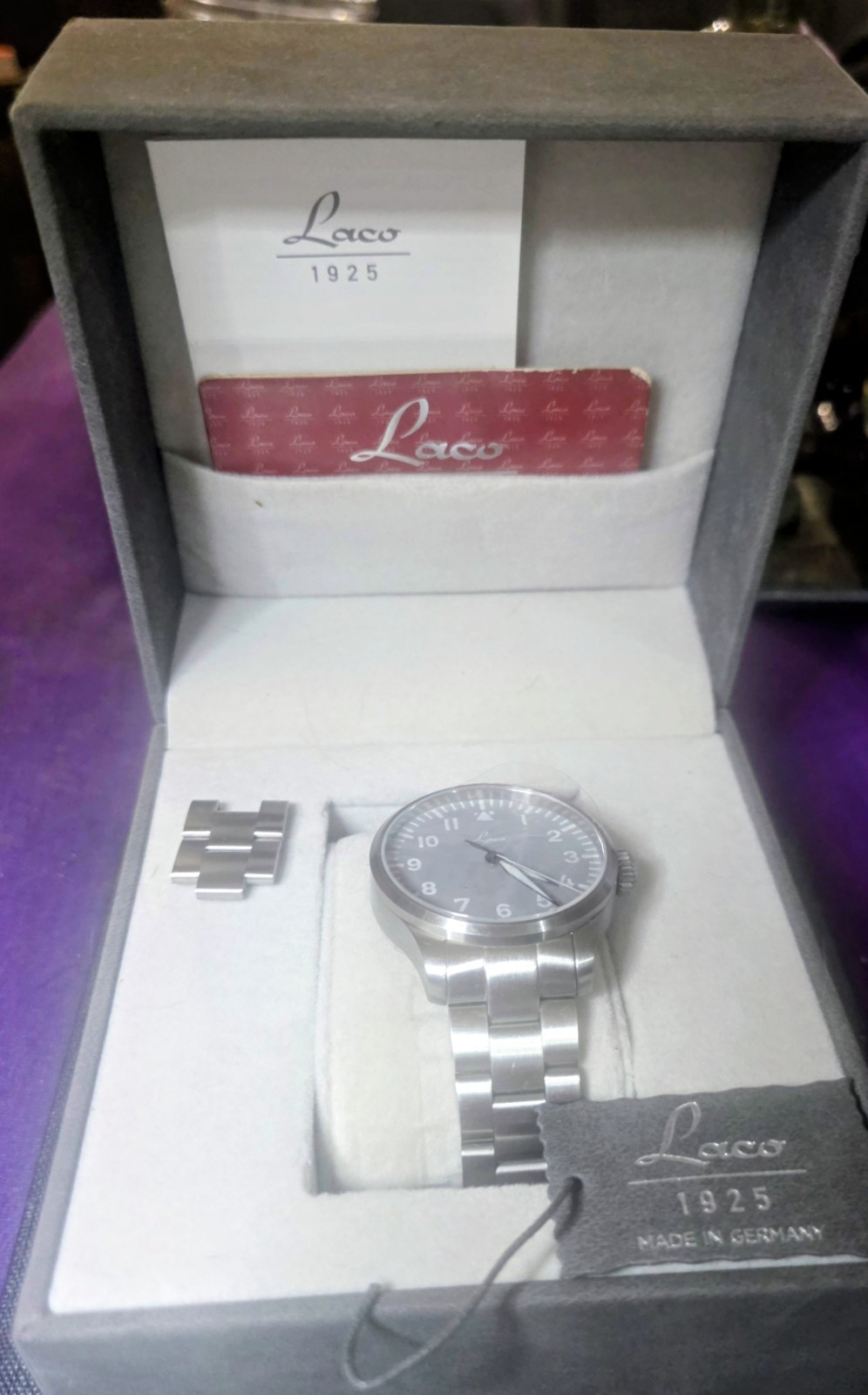Laco 1925 German Automatic Flieger Pilot Watch, Sapphire Crystal, Box & Tag