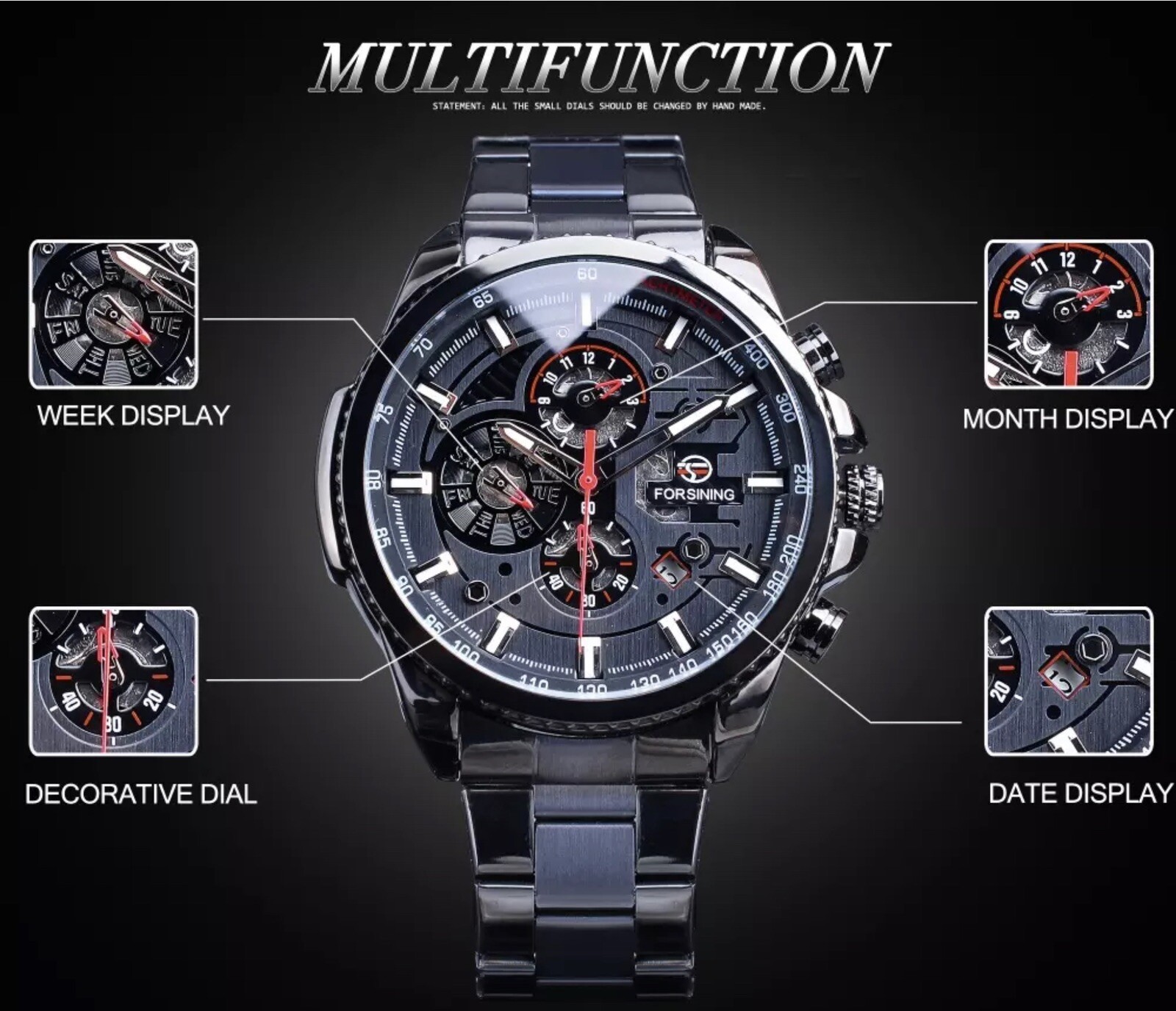 Big Self Winding Sport Watch. Day Month Date Waterproof Mens Watch Great Gift