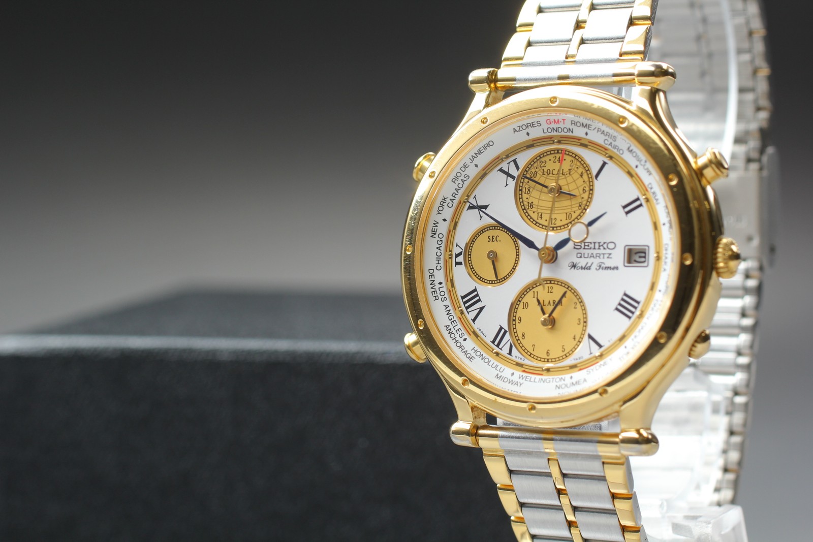 Vintage 1990 [Exc+5] SEIKO 5T52-7A10 World Timer Alarm 39mm Quartz Men’s Watch