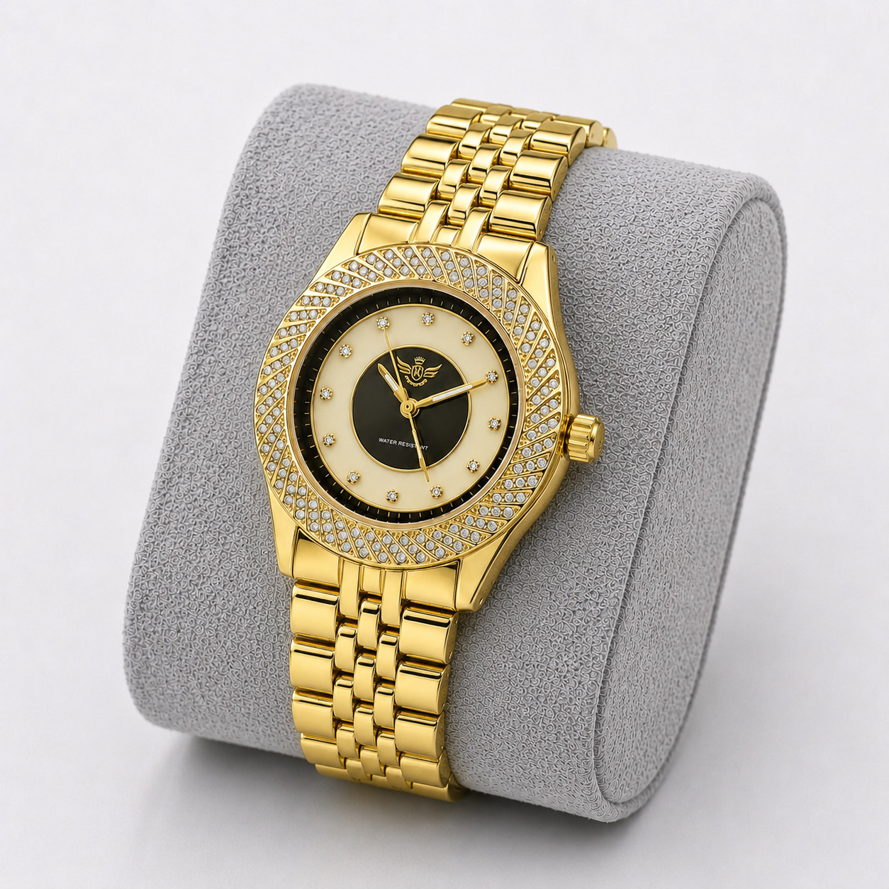 Mens Gold Iced Out Watch CZ Crystal Bezel Hip Hop Quartz 43mm Adjustable