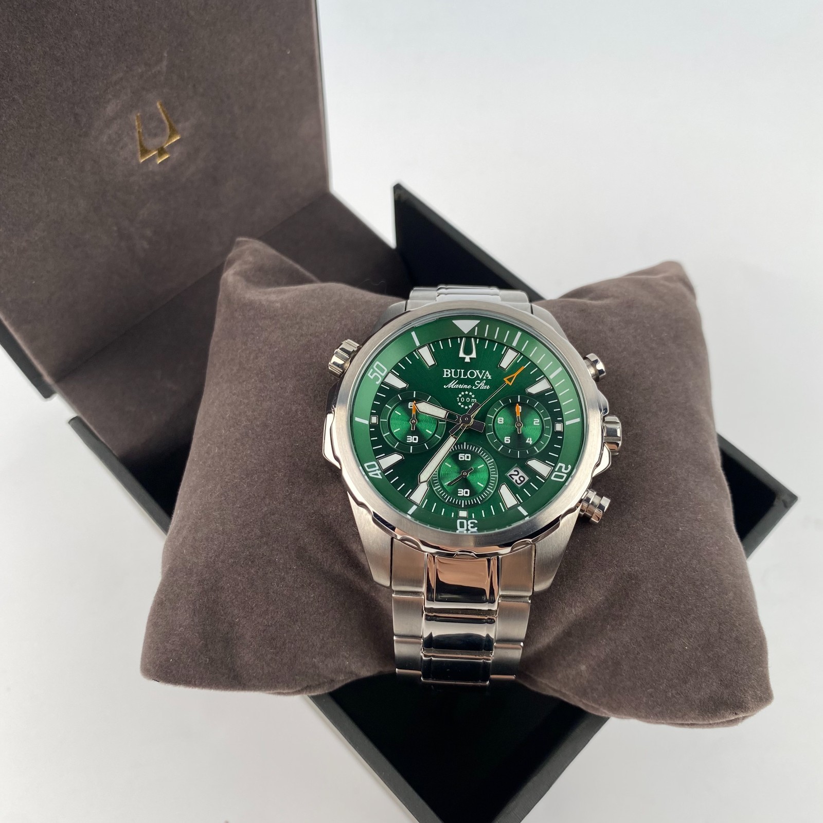 Bulova Marine Star Men’s Chronograph Green Dial Stainless Steel Watch 96B396