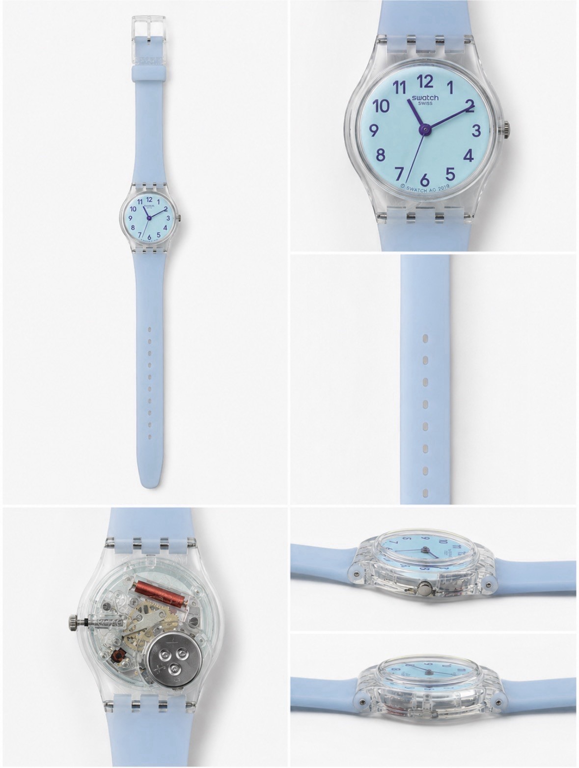 Swatch Swiss Quartz Analog Wristwatch Blue Dial Clear Case Blue Silicone Strap