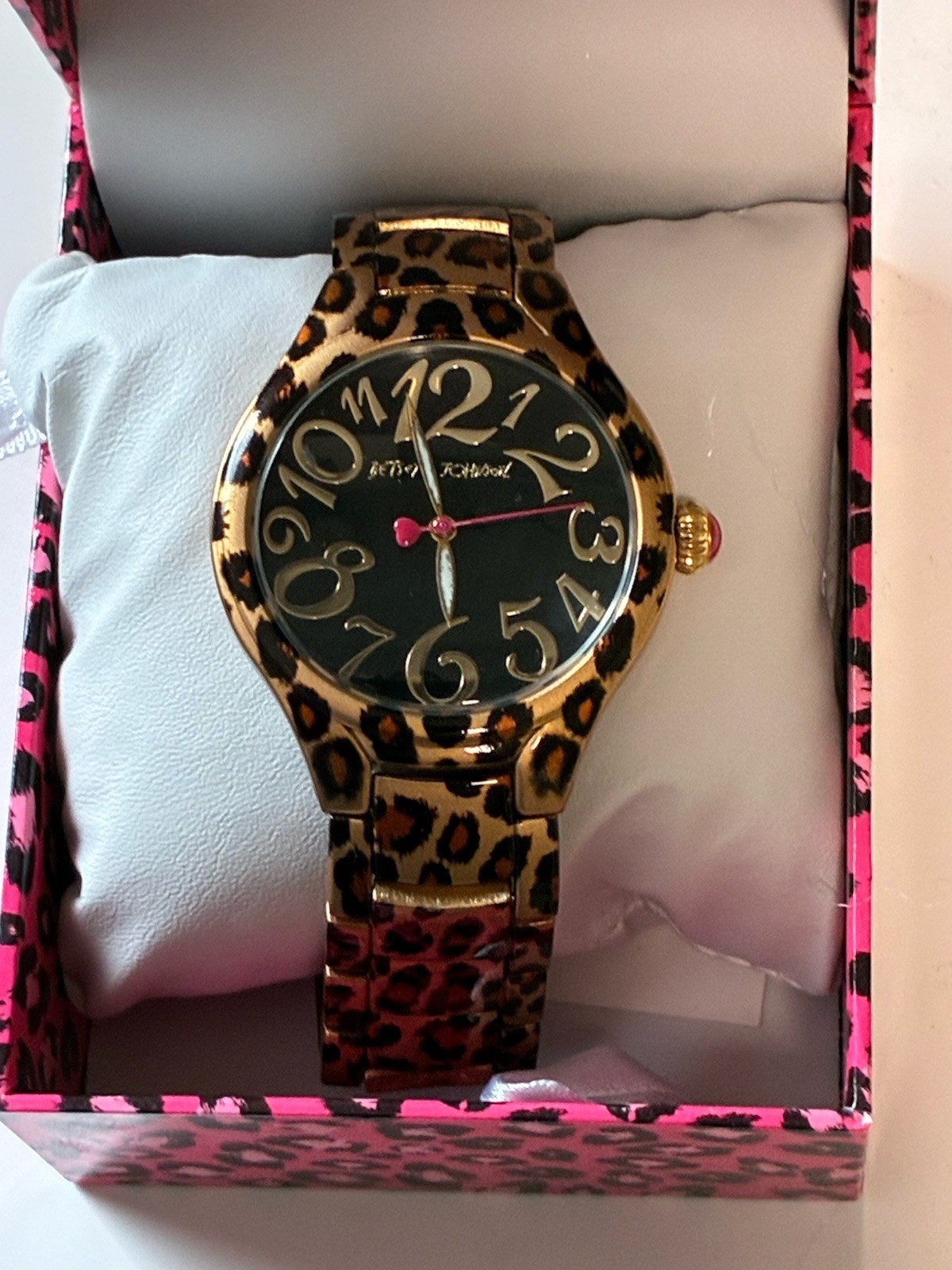 Betsey Johnson Leopard Watch Crystal Bezel Pink Print Case Heart Hand
