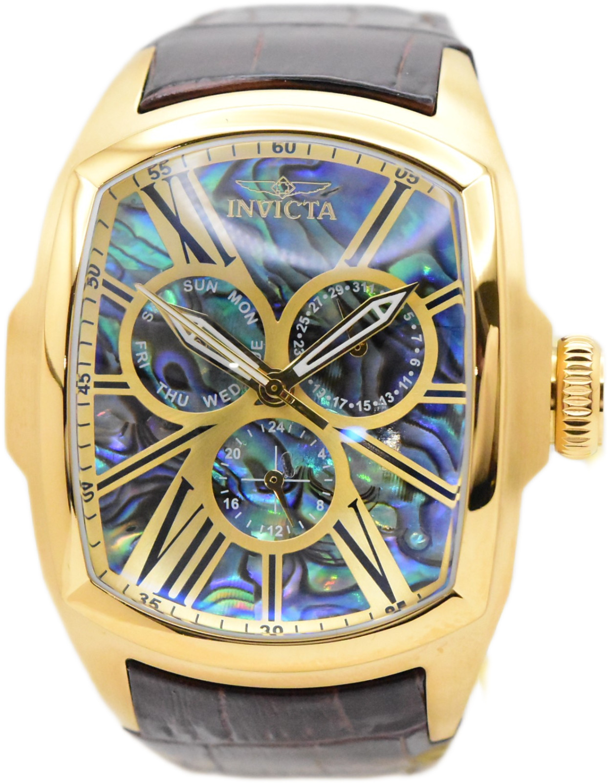 Invicta Lupah Abalone Dial Mens 47mm GMT Day/Date Quartz Watch 35193 Brown Strap